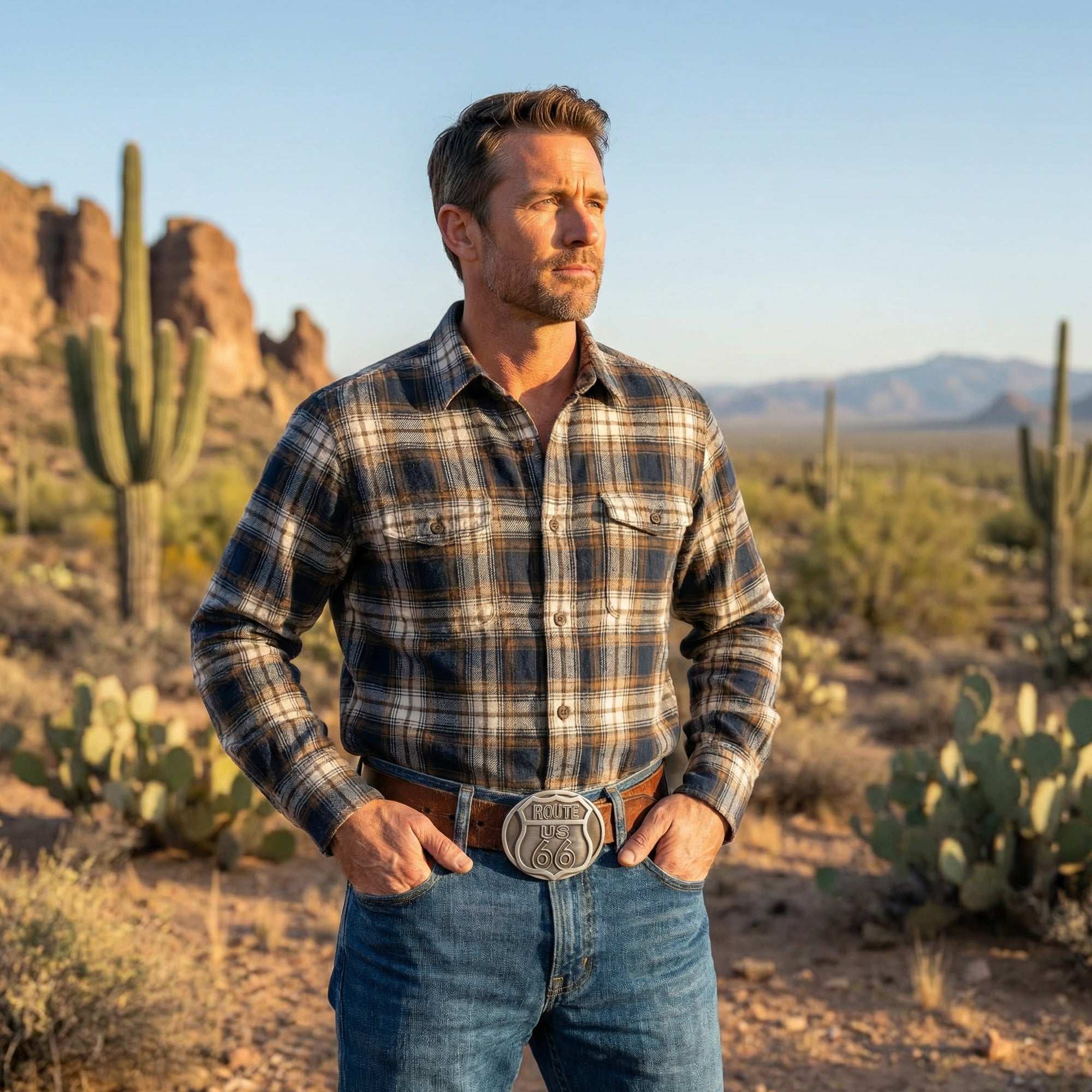 Man standing in a dessert wearing a leather belt with a US Route 66 belt buckle.