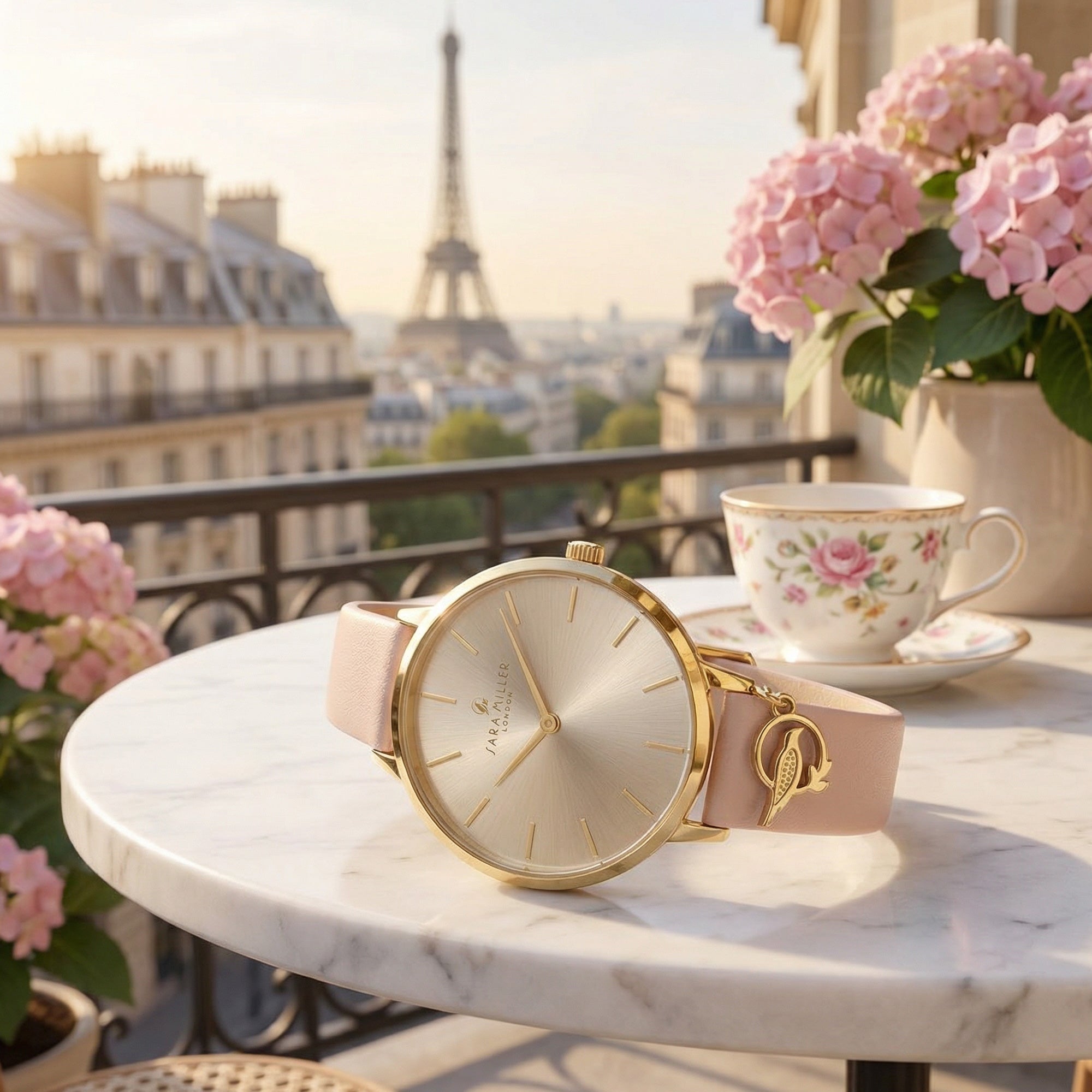 Sara Miller Chelsea Charm 34mm sunray dial gold watch on balcony table in France with the Eiffel Tower in the background.