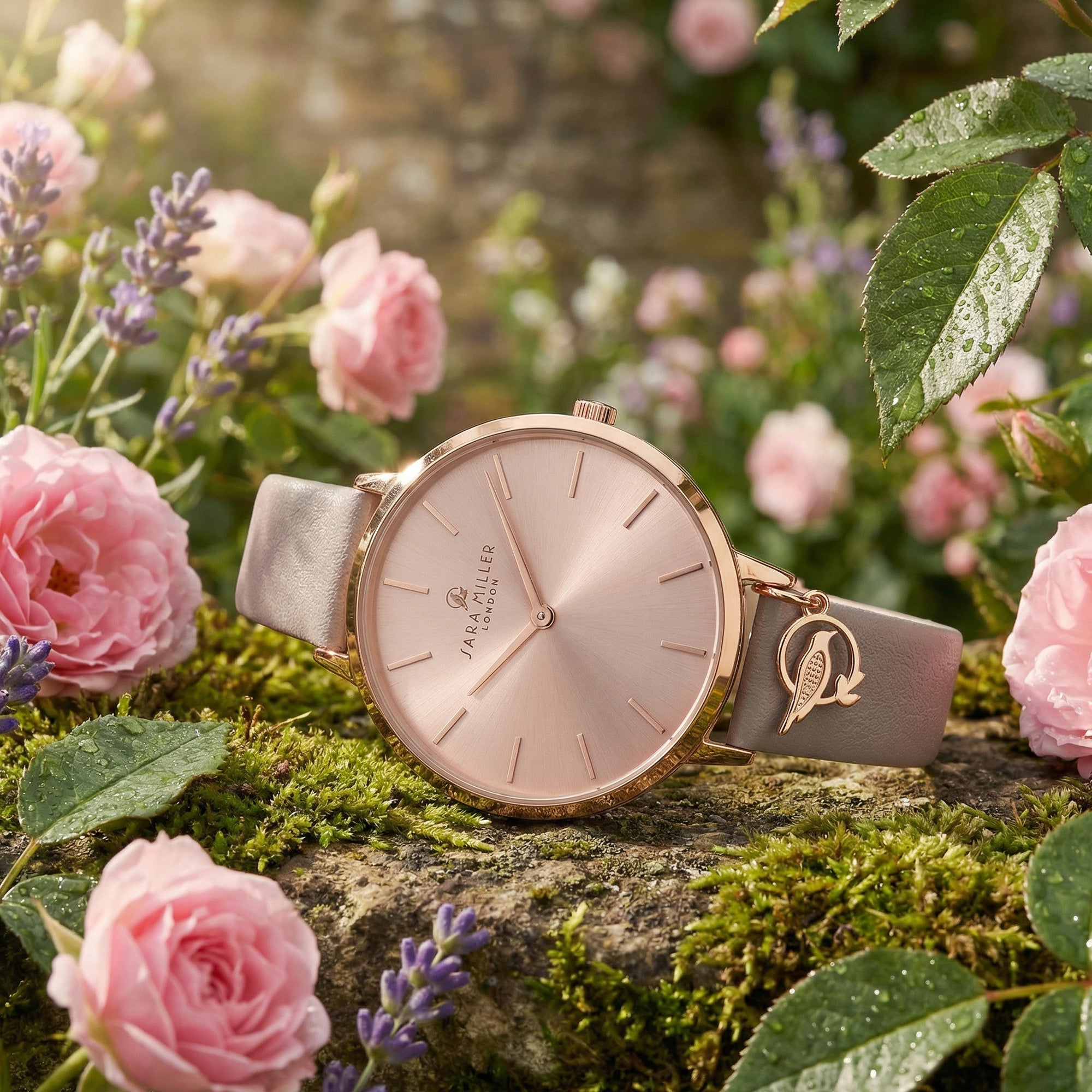 Sara Miller Chelsea Charm 34mm sunray dial rose gold watch in a garden setting.