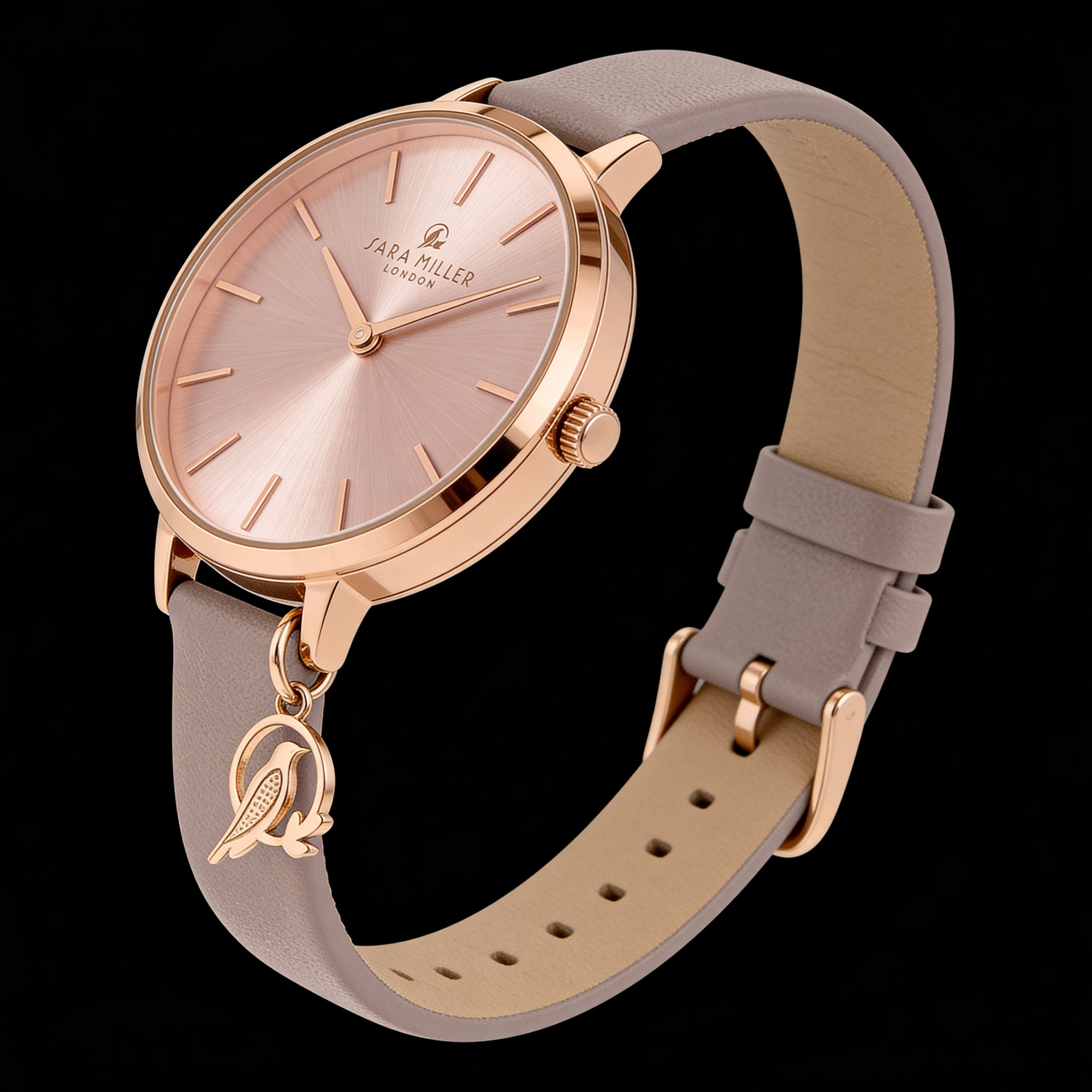 Side view of Sara Miller Chelsea Charm 34mm sunray dial rose gold watch.