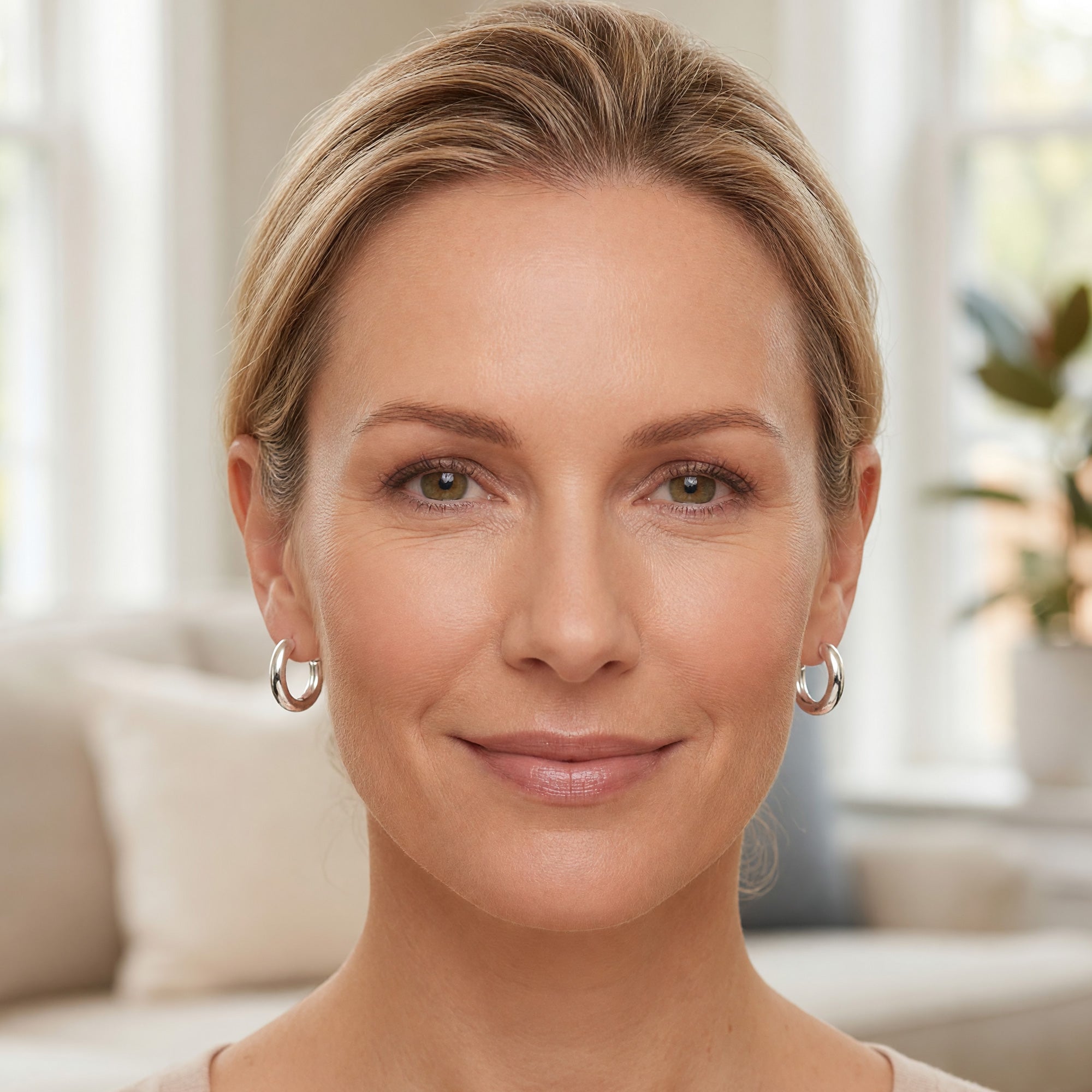 Woman wearing a pair of Engelsrufer sterling silver 20mm hoop earrings.