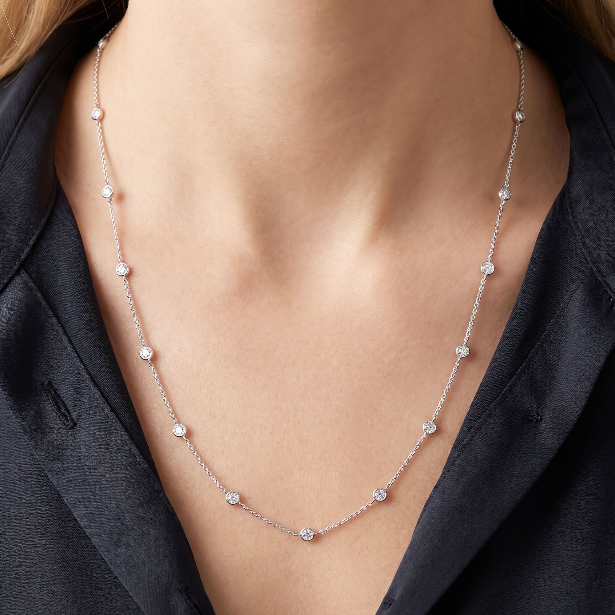 Woman wearing Engelsrufer silver 80cm CZ chain necklace.