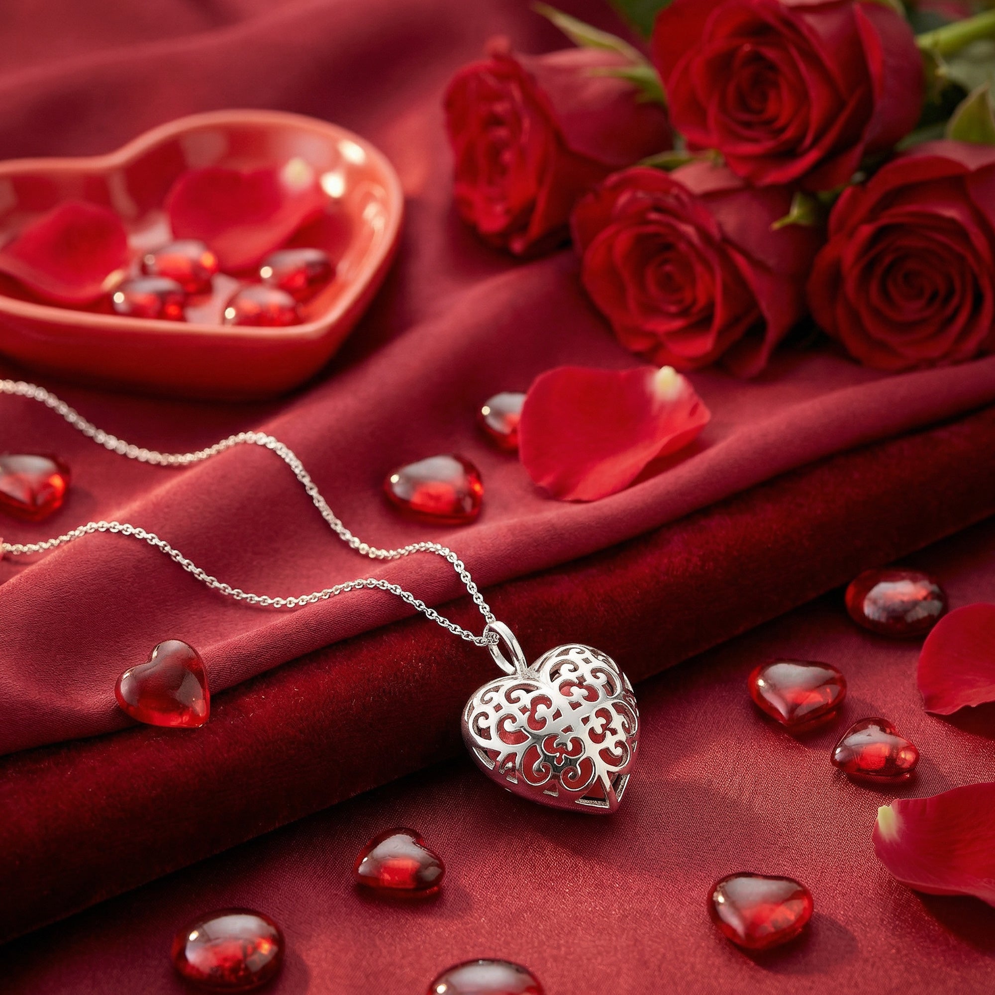 An Engelsrufer sterling silver red heart soundball necklace laying on red fabric surrounded by red roses and heart-shaped crystals.