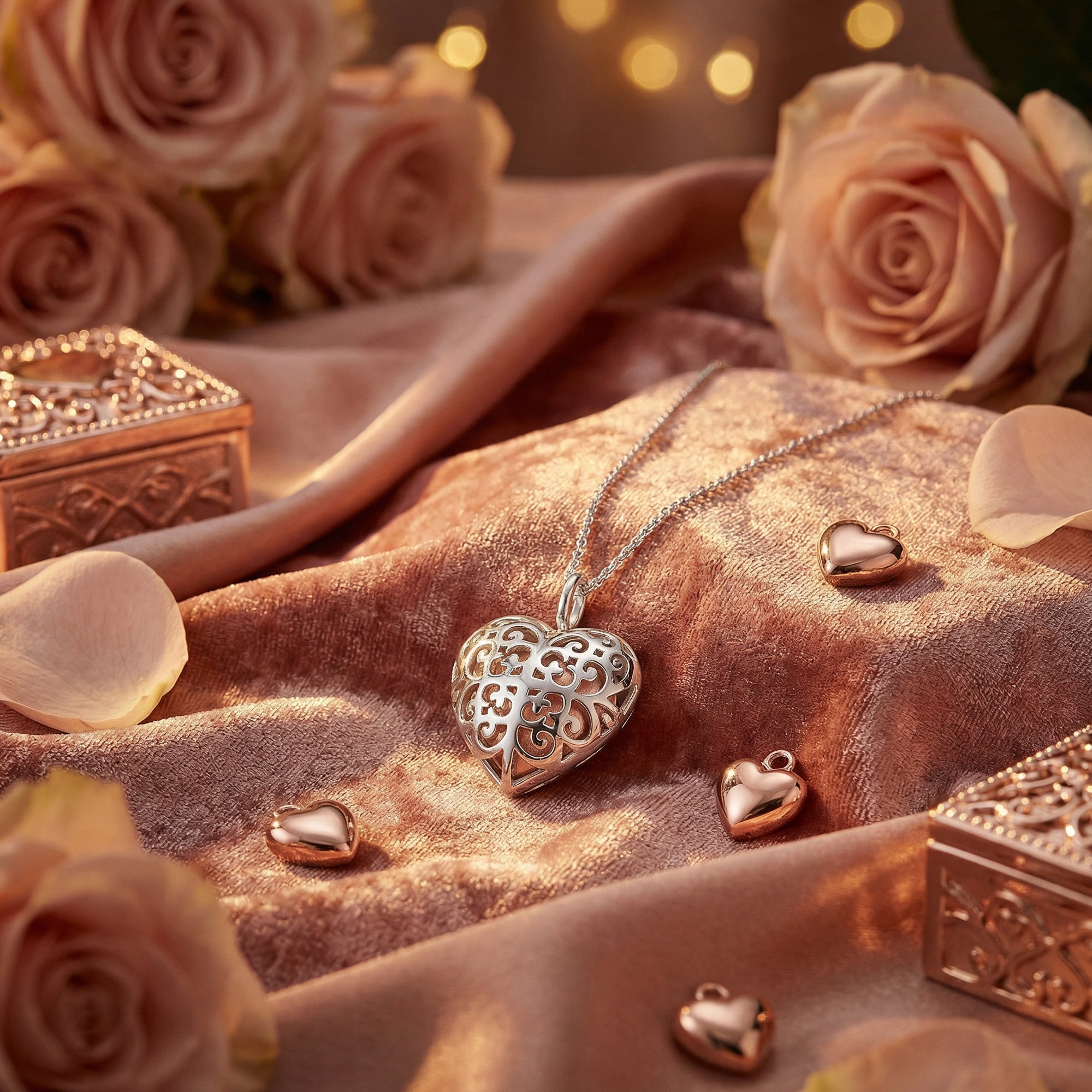An Engelsrufer sterling silver rose gold heart soundball necklace laying on fabric surrounded by roses and rose gold heart charms.