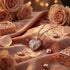 An Engelsrufer sterling silver rose gold heart soundball necklace laying on fabric surrounded by roses and rose gold heart charms.