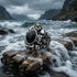 Memento mori skull cluster stainless steel men's ring on a piece of driftwood on the shore as sea water washes over.