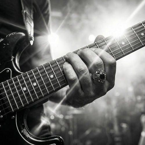 Man playing an electric guitar while wearing memento mori skull cluster stainless steel ring.