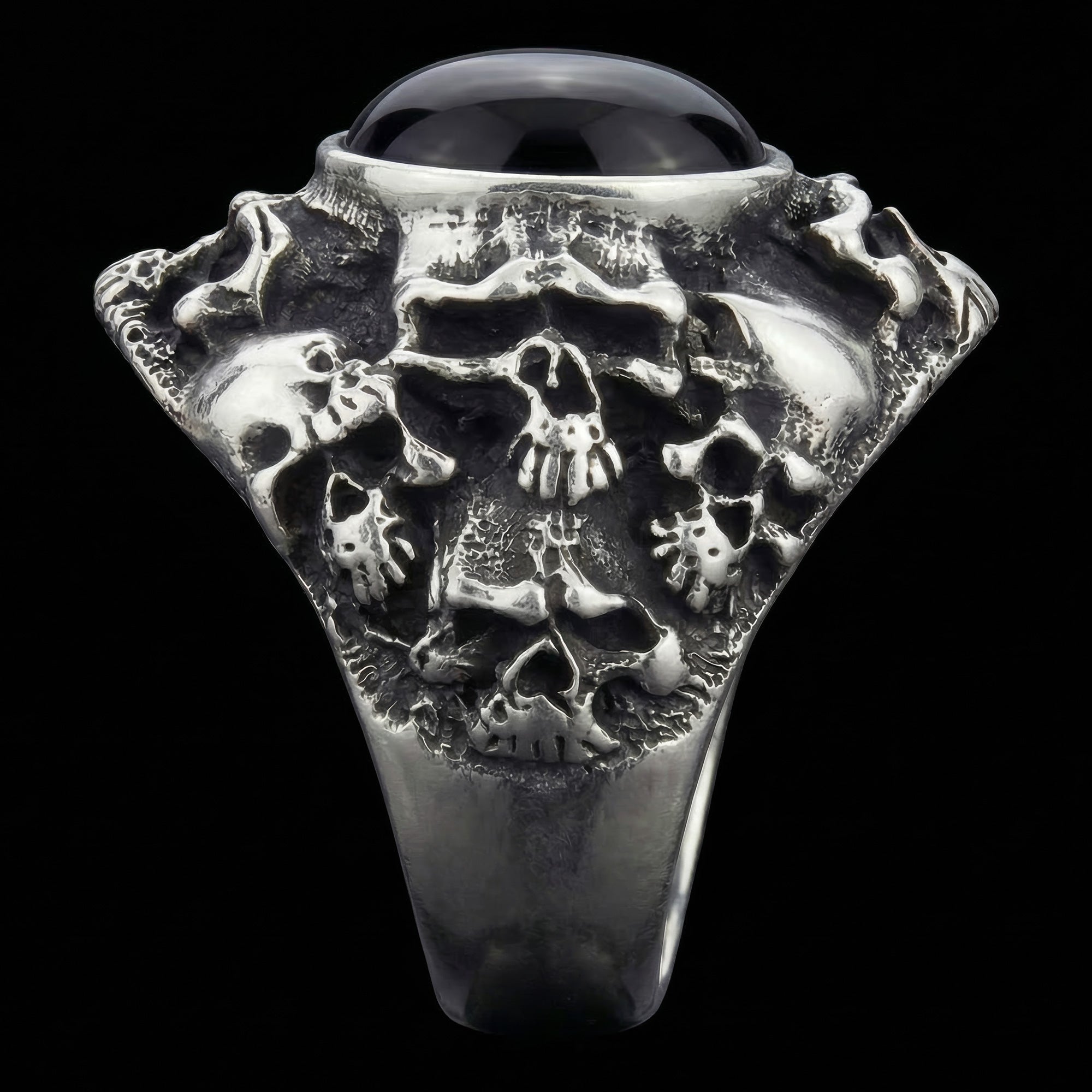 Side view of memento mori skull cluster stainless steel men's ring.