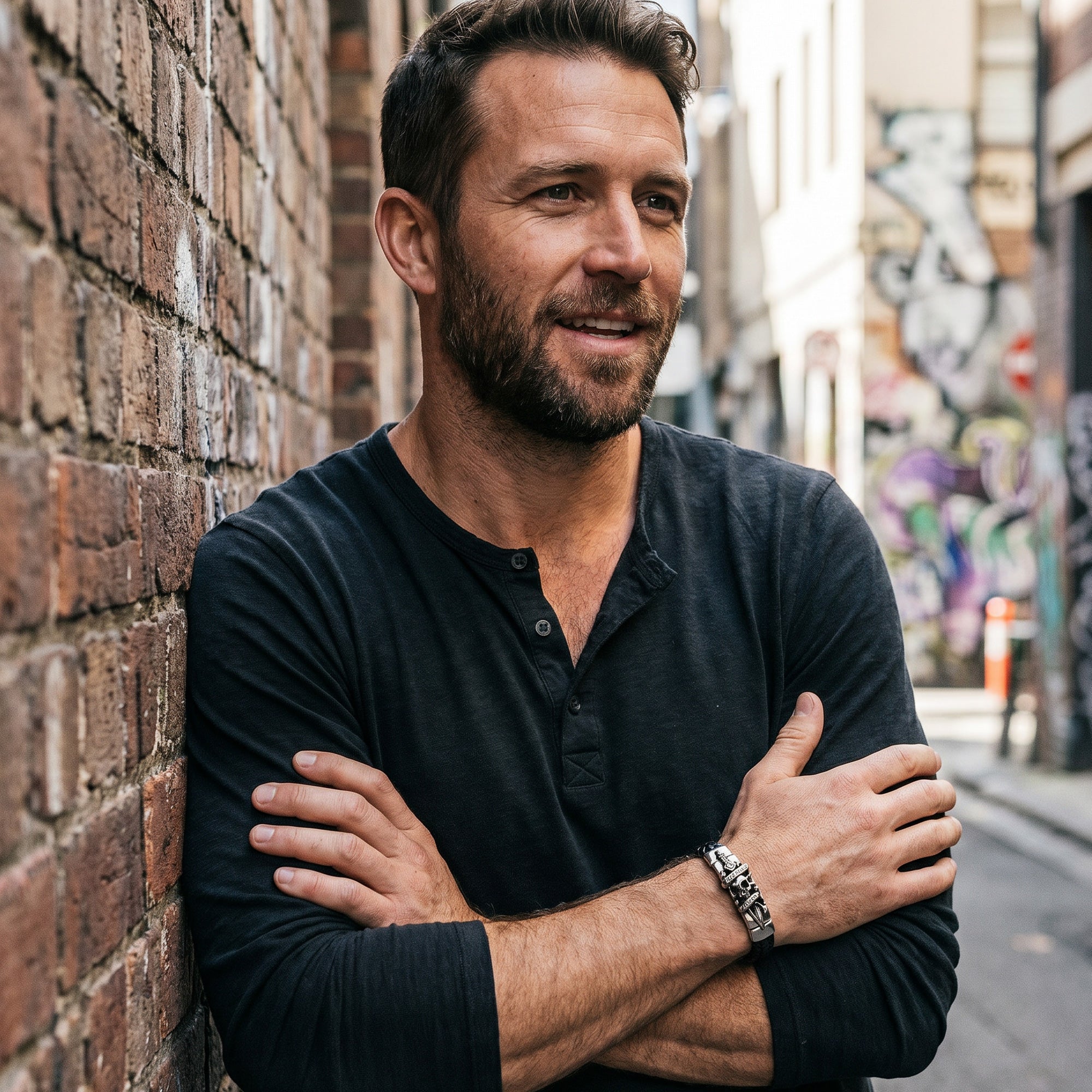 Man leaning against a brick wall with his arms folded wearing a Save Brave skull & dagger men's leather bracelet.