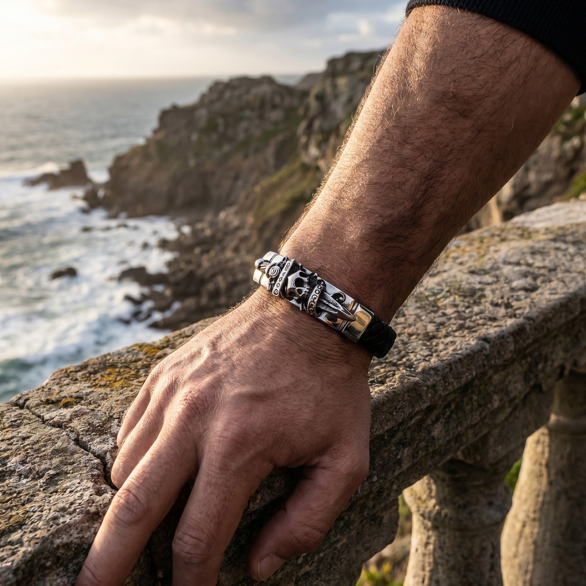 Man's arm leaning on a concrete balustrade overlooking a sea cliff wearing a Save Brave skull & dagger men's leather bracelet.