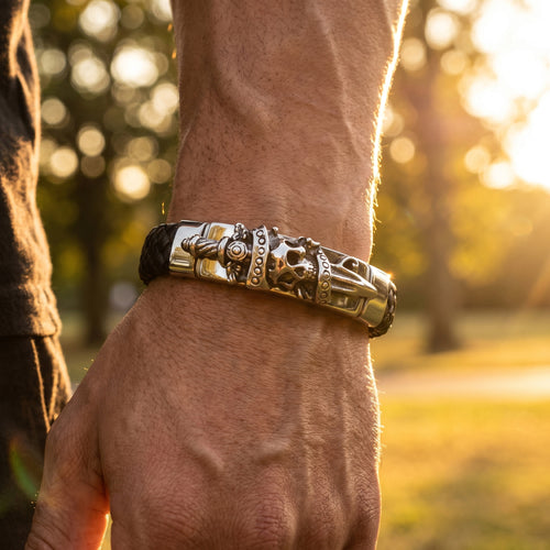 Close-up of man's wrist wearing a Save Brave skull & dagger men's leather bracelet in a park setting.