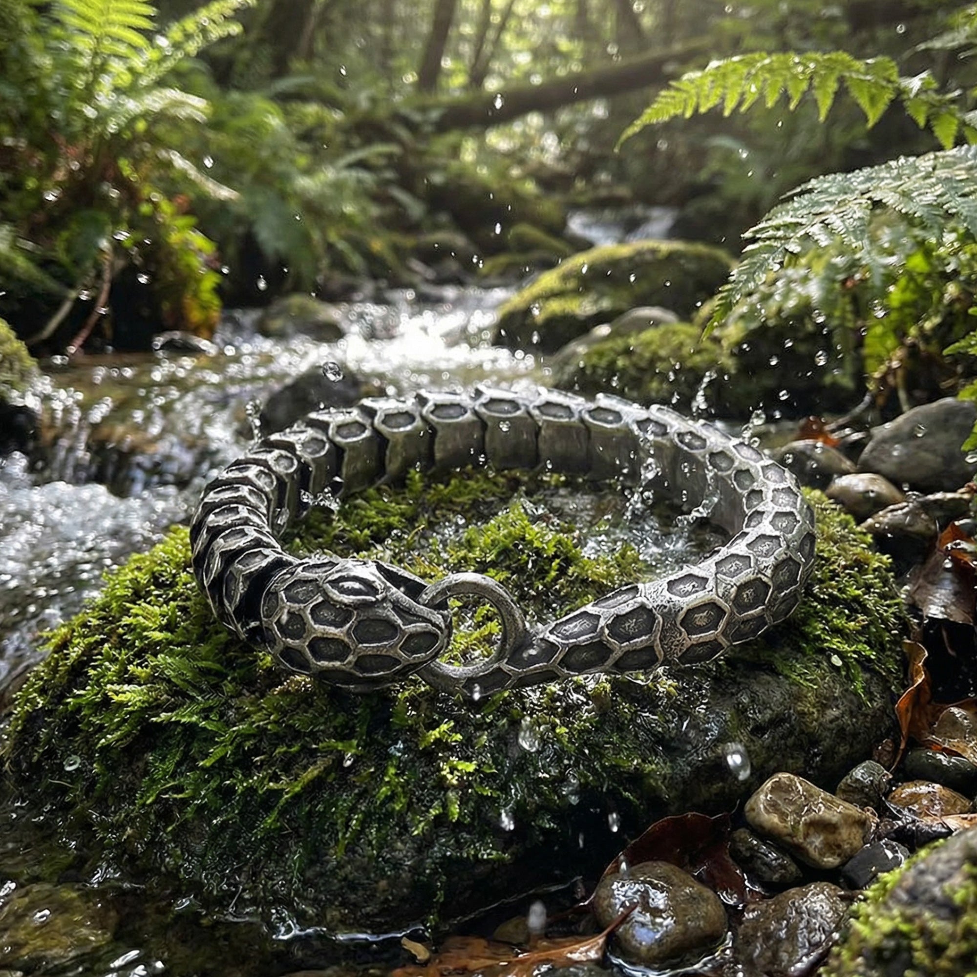 Stainless steel snake uroboros men's bracelet in bush creek setting.