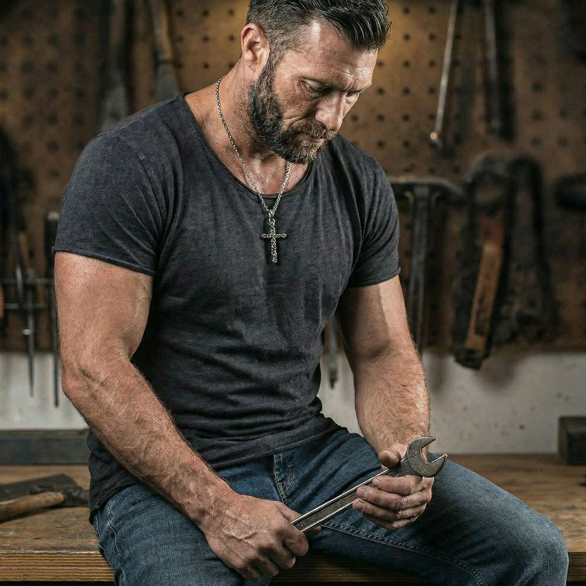 Man wearing a stainless steel Byzantine rope knot cross necklace while holding a spanner in a workshop.