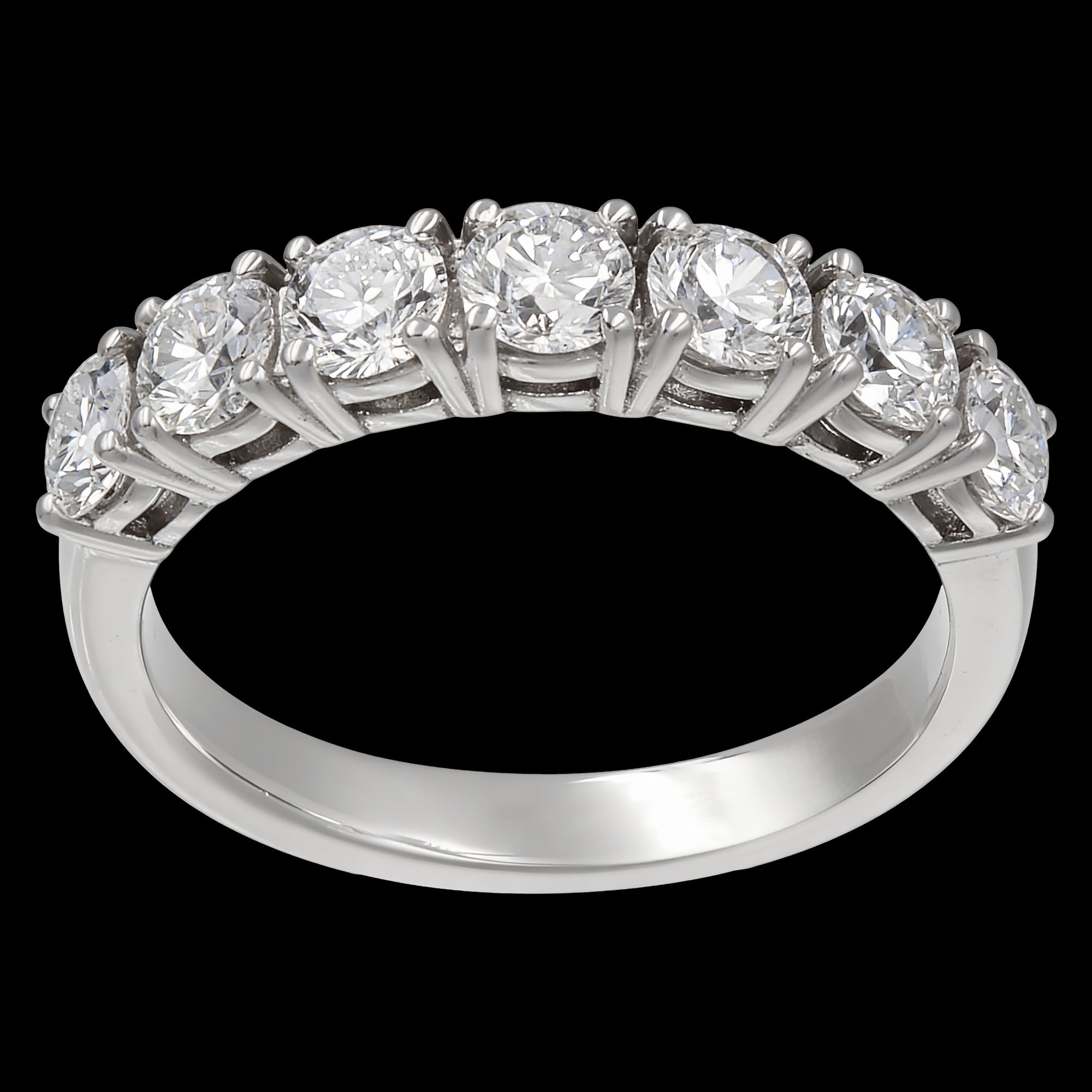 Side angle of stainless steel seven stone CZ shared prong ring.