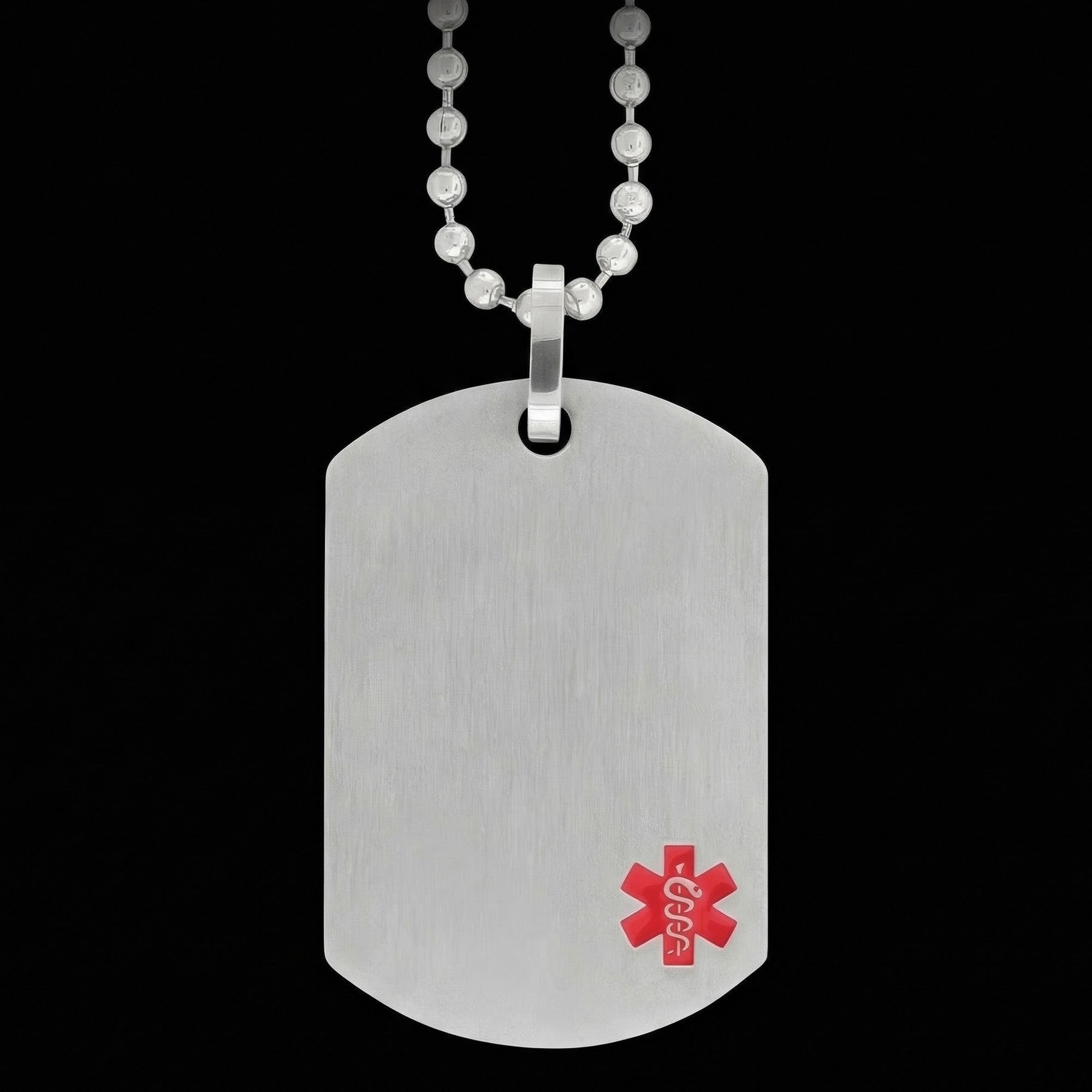 Front view of a medical alert stainless steel matt finish dog tag necklace.