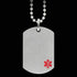 Front view of a medical alert stainless steel matt finish dog tag necklace.