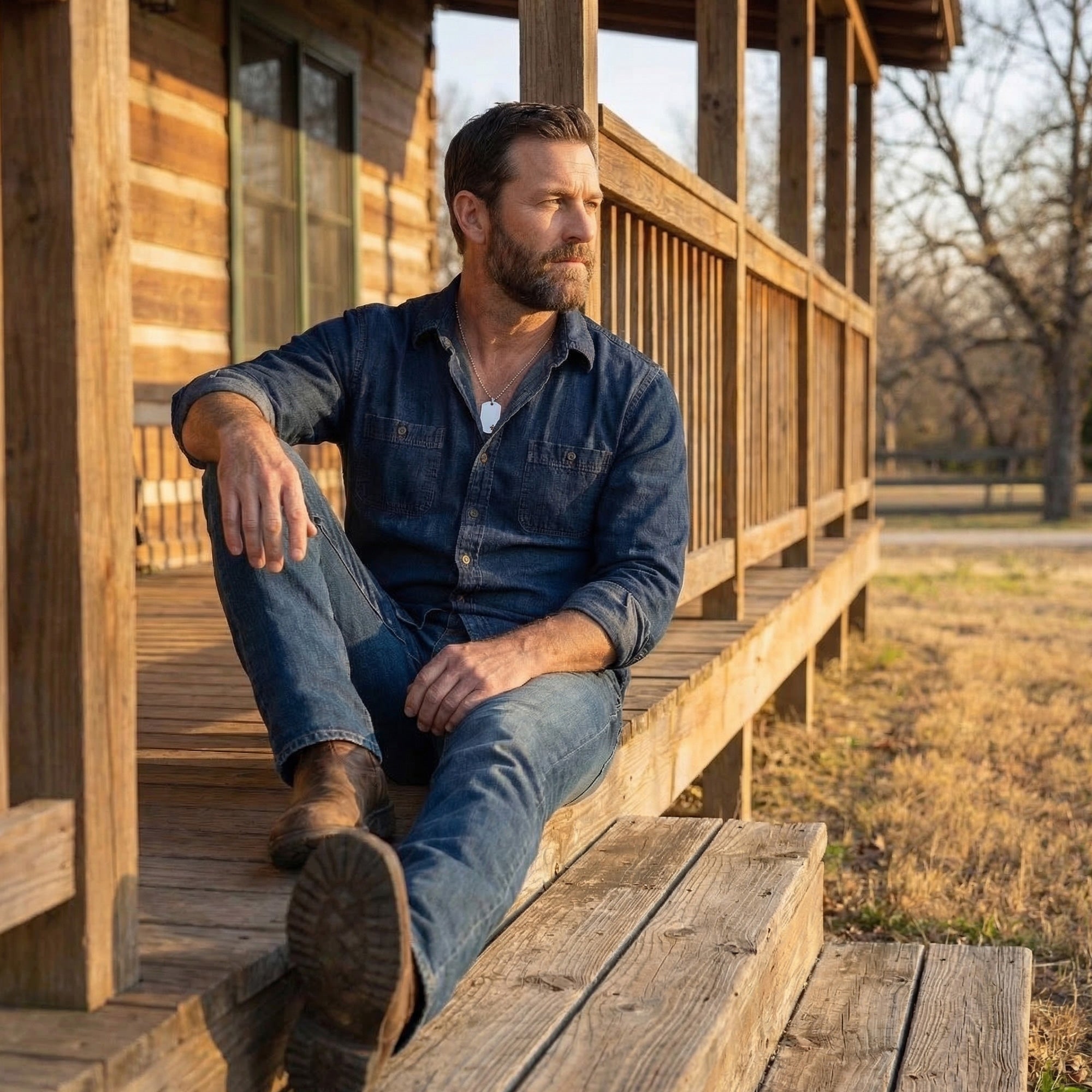 Man wearing medical alert stainless steel matt finish dog tag necklace sitting on the steps of a timber cabin verandah.