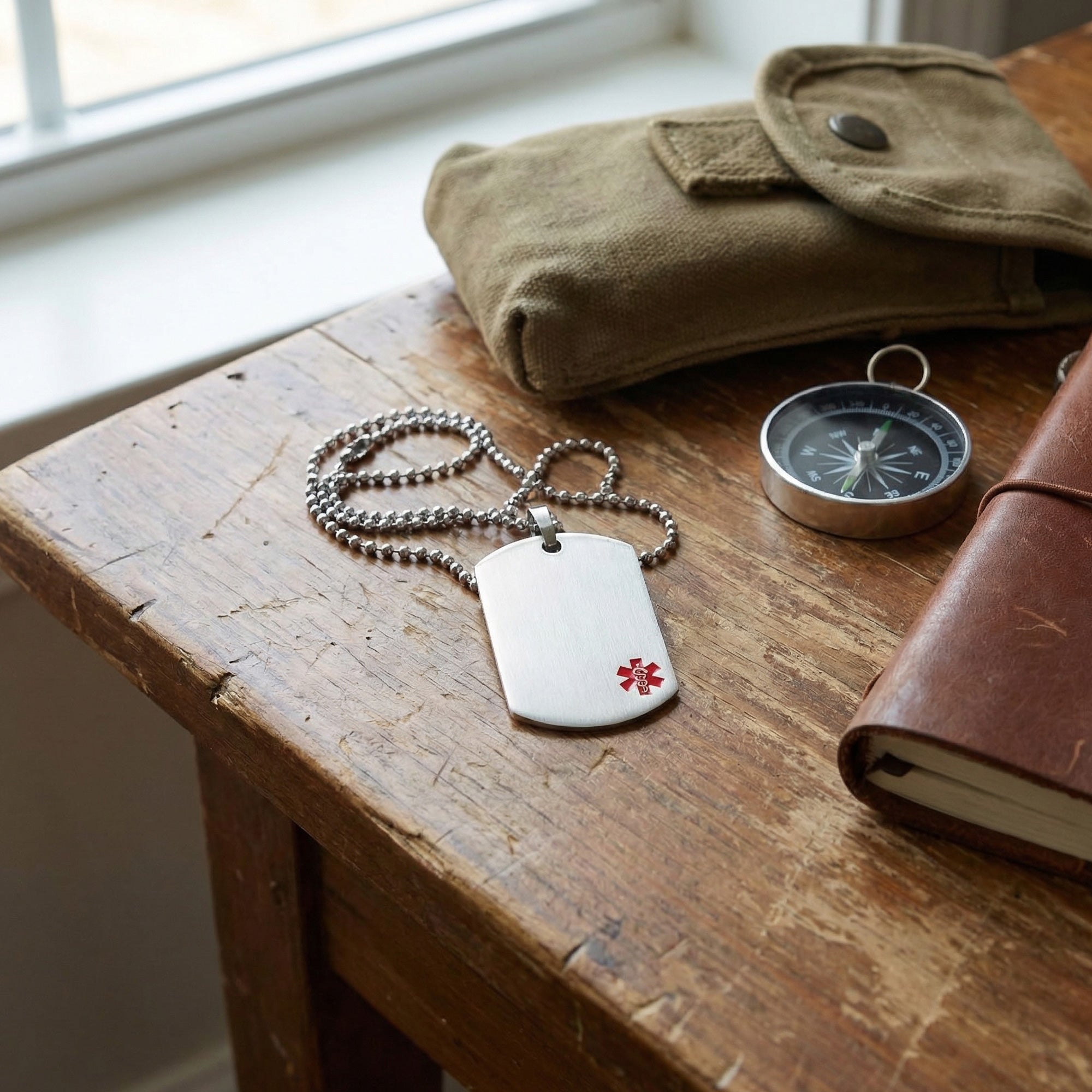 Medical alert stainless steel matt finish dog tag necklace on a wooden table with a compass and journal.