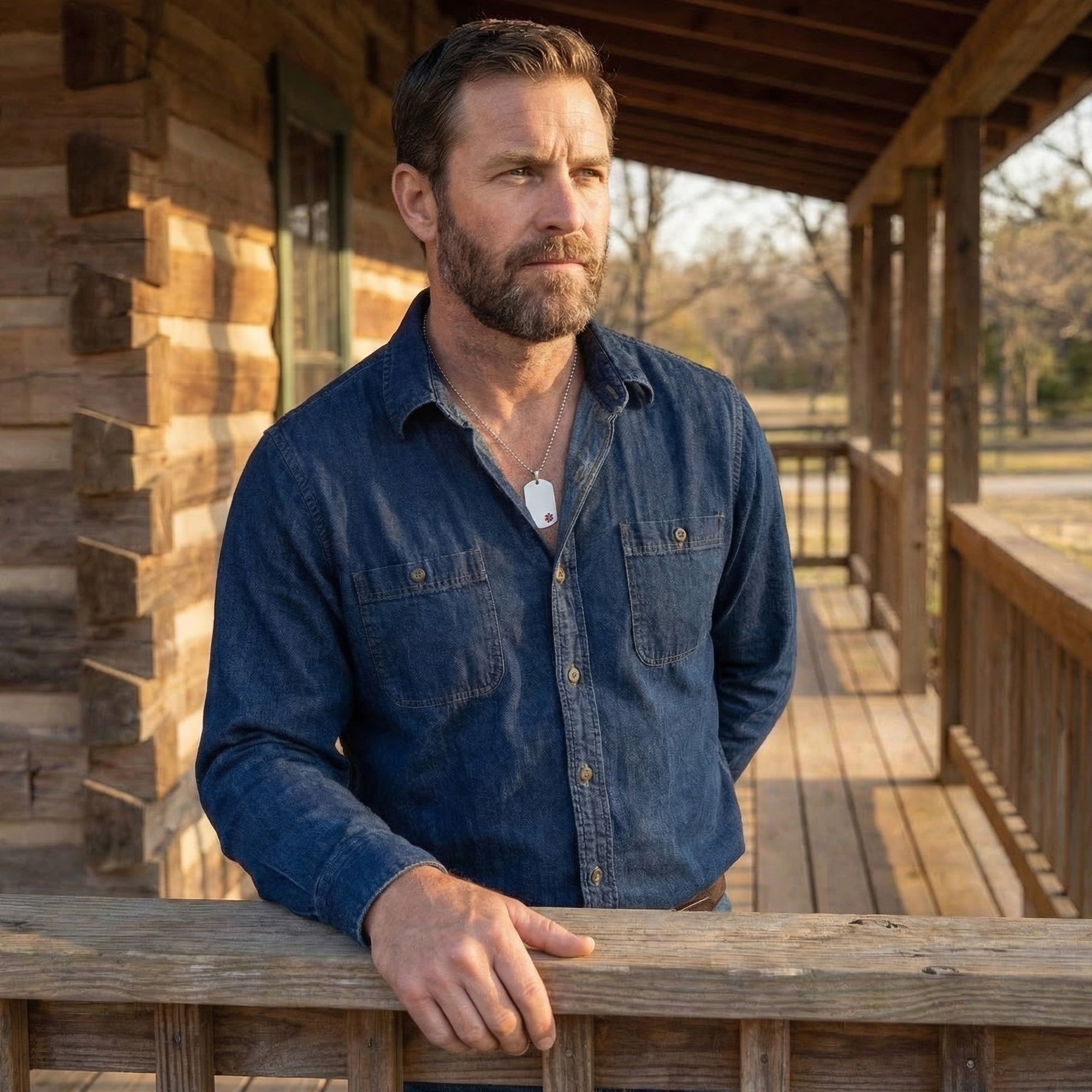 Man wearing medical alert stainless steel matt finish dog tag necklace standing on a timber cabin verandah.