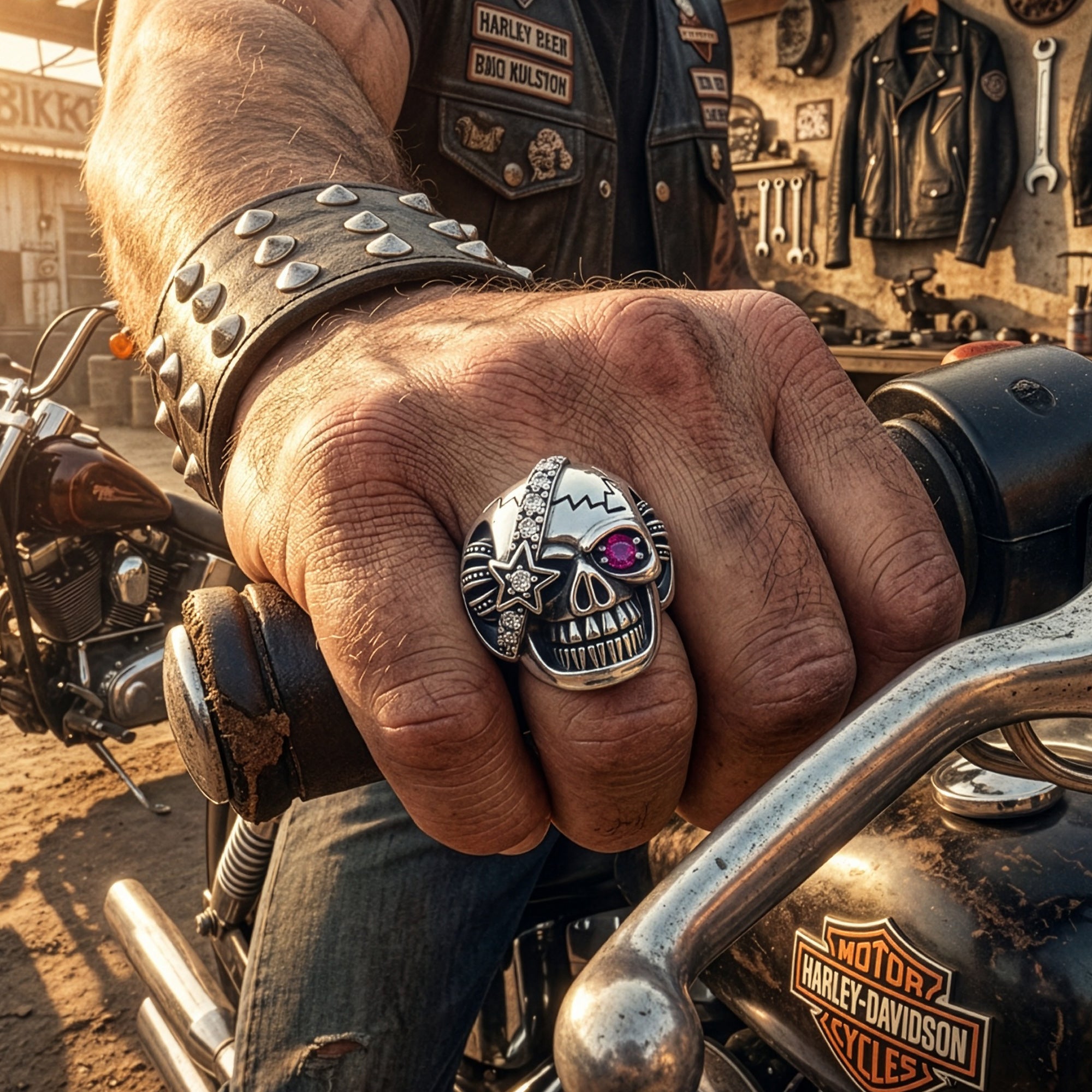 Biker man wearing a stainless steel men's skull eye patch ring on his hand.