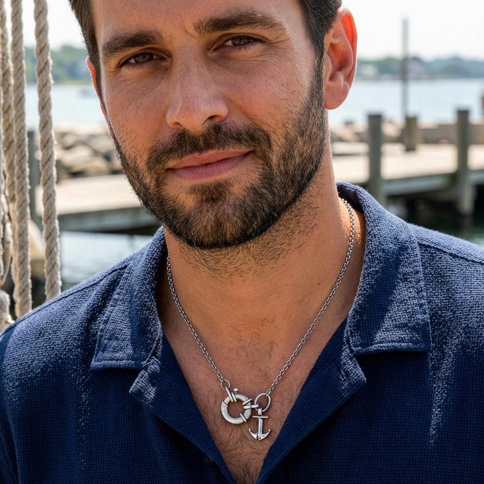 Man wearing an Anchor & Crew Clyde anchor and life buoy sterling silver necklace.