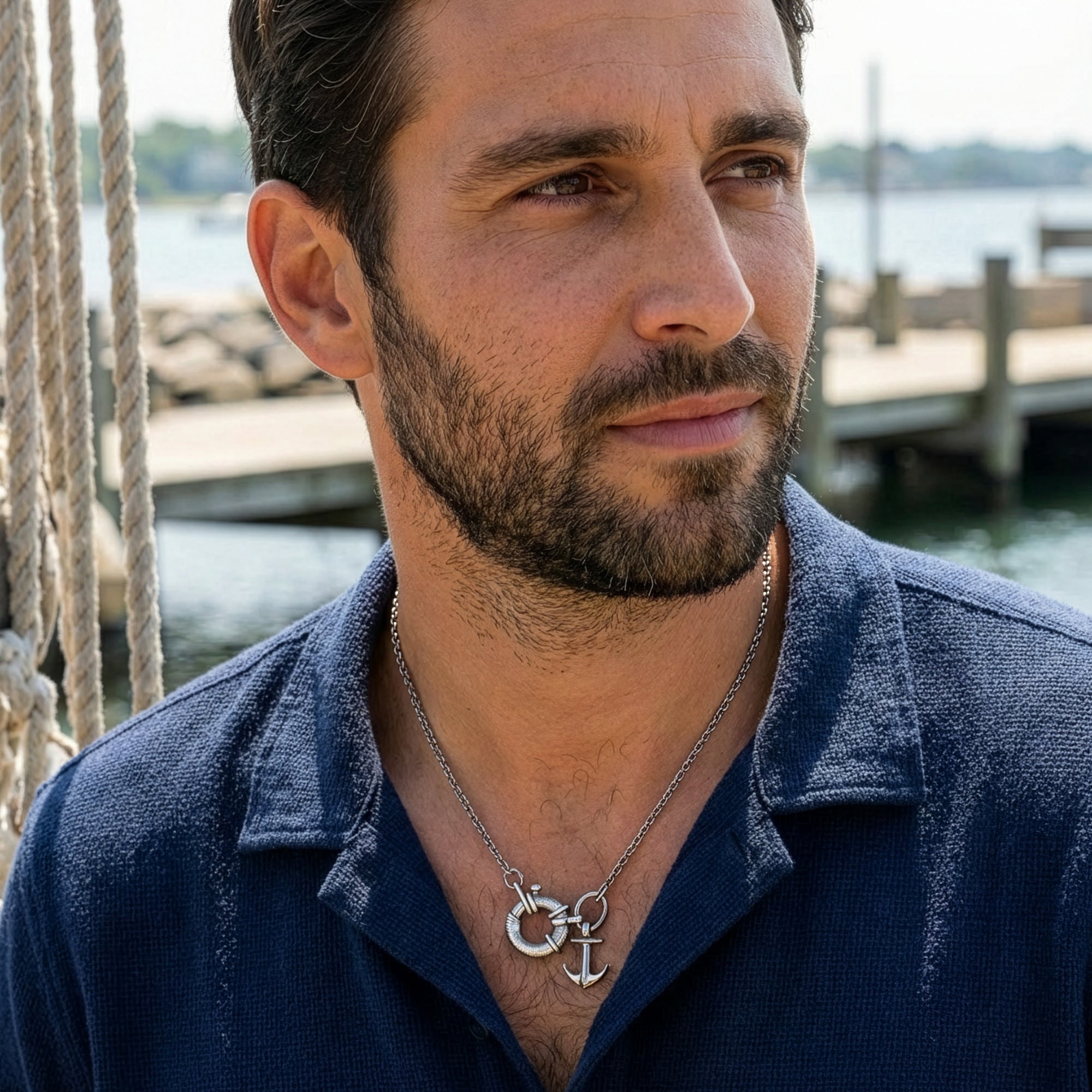 Close up of a man wearing an Anchor & Crew Clyde anchor and life buoy sterling silver necklace.
