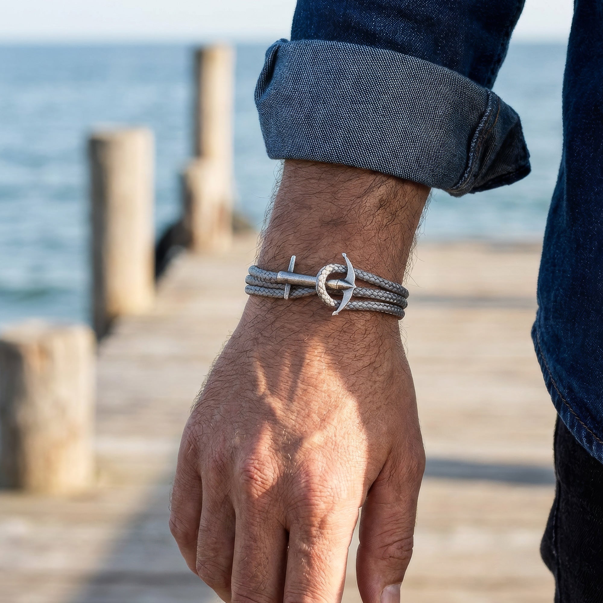 Man standing on jetty wearing Anchor & Crew Admiral sterling silver grey rope bracelet.