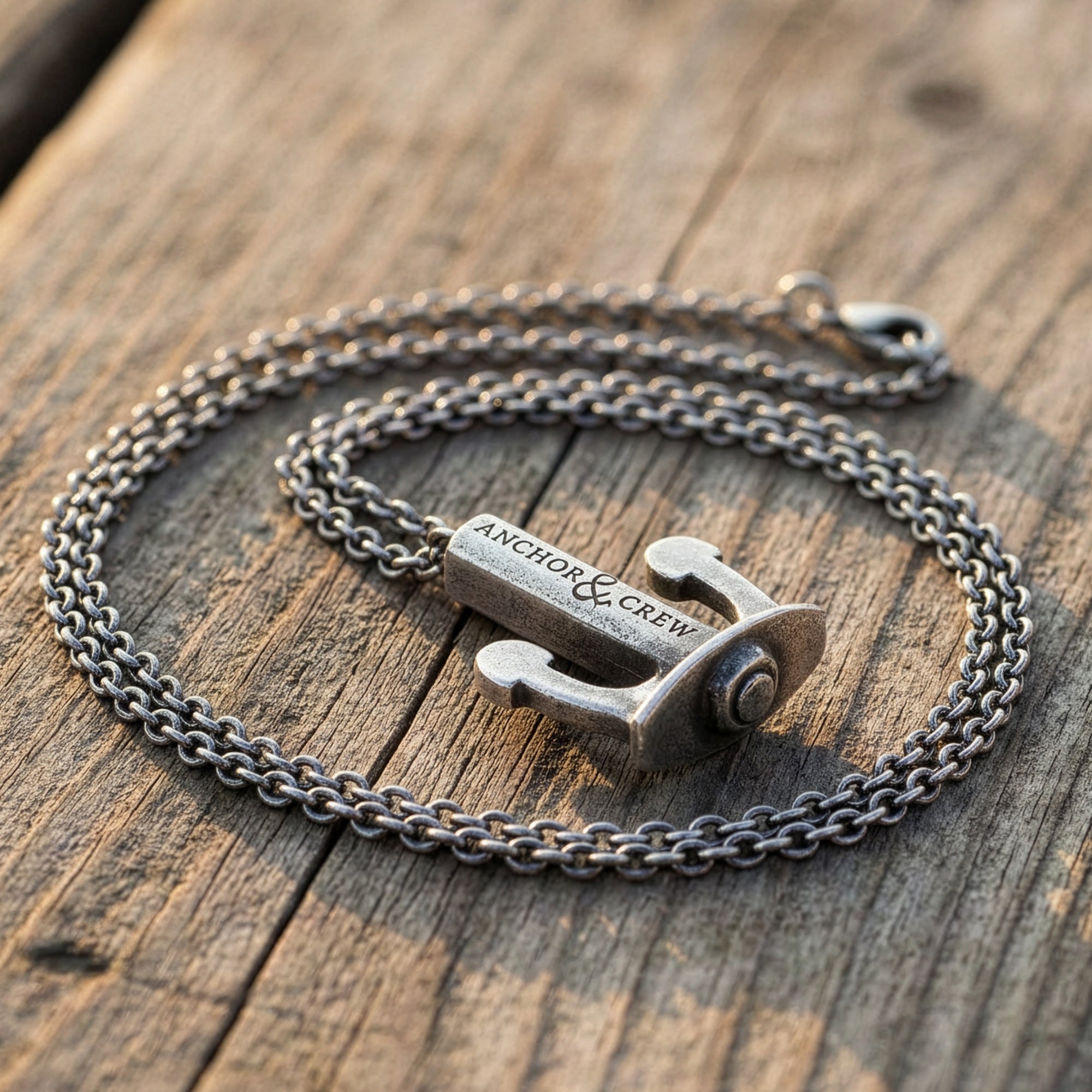 An Anchor & Crew Union anchor sterling silver necklace on a wooden deck.