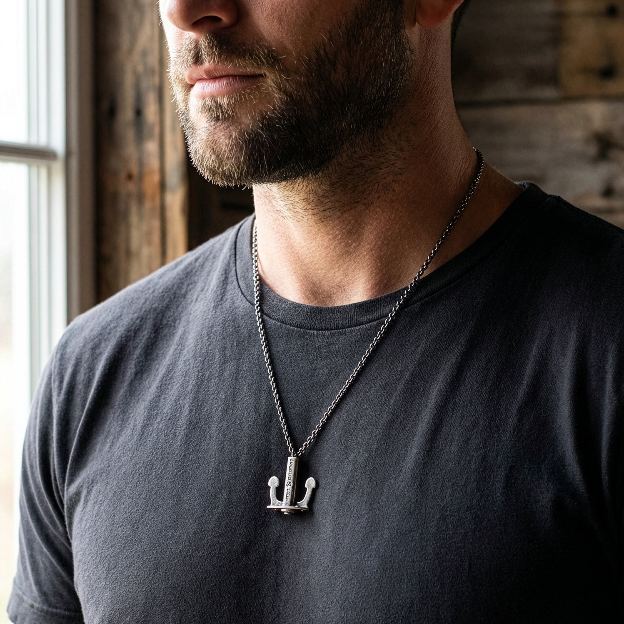 Close-up of a man inn a t-shirt wearing an Anchor & Crew Union anchor sterling silver necklace.