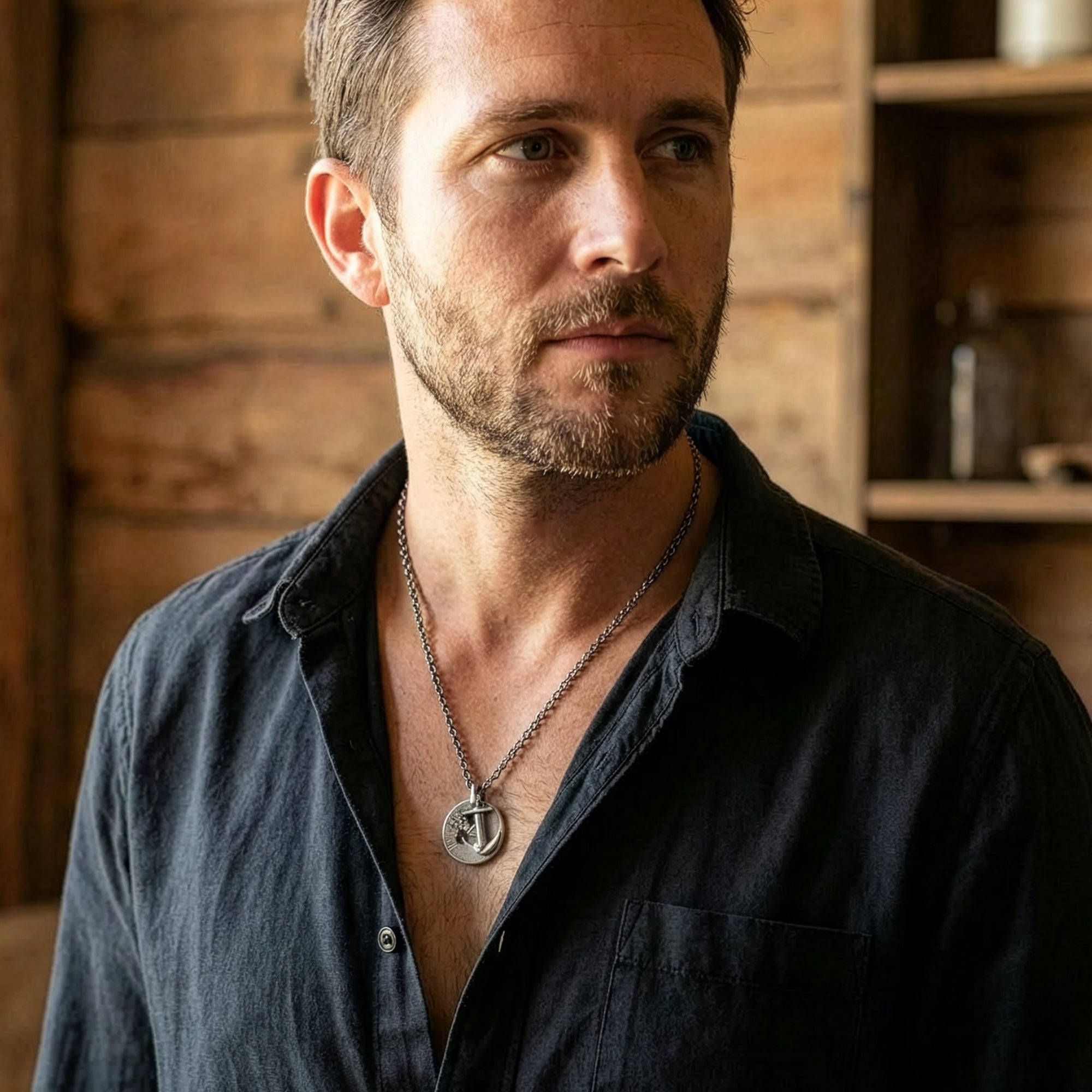 Man wearing an Anchor & Crew Lerwick pulley and anchor sterling silver necklace.