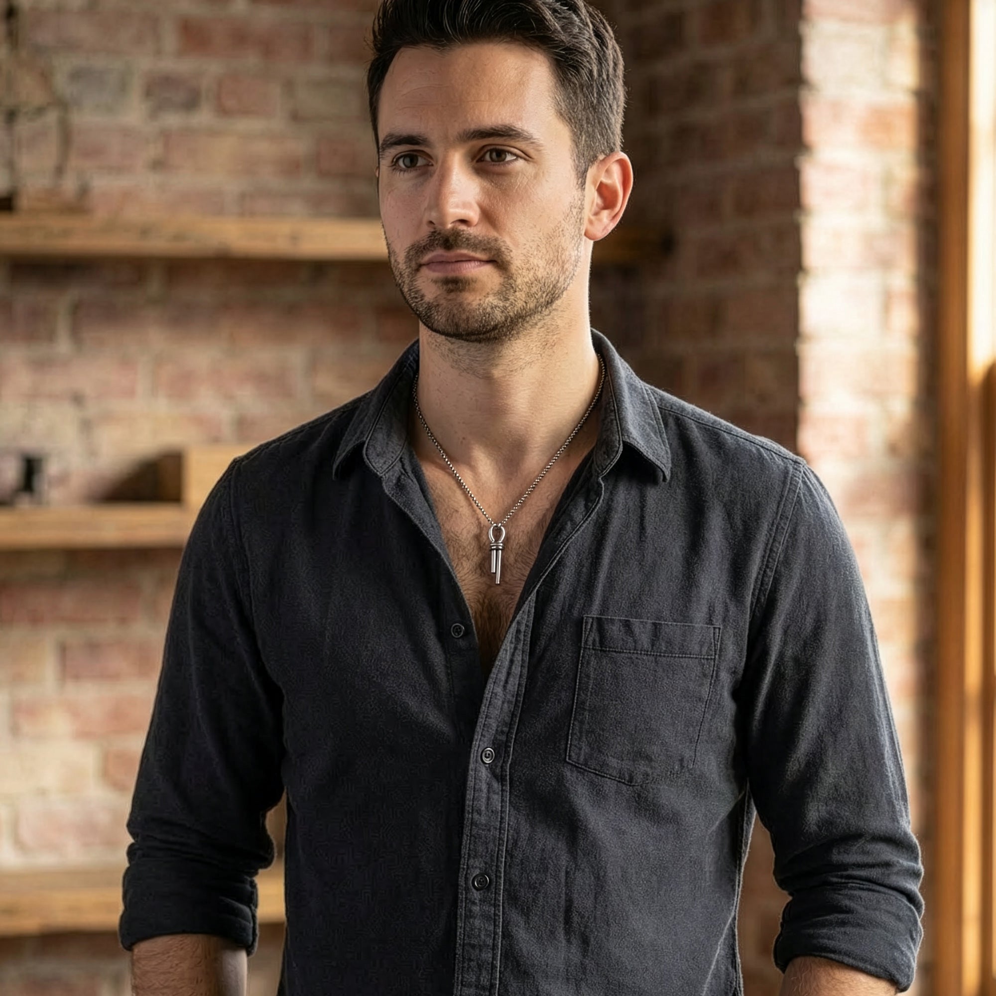 Man standing next to a brick wall wearing a sterling silver nautical scaffold knot men's necklace.