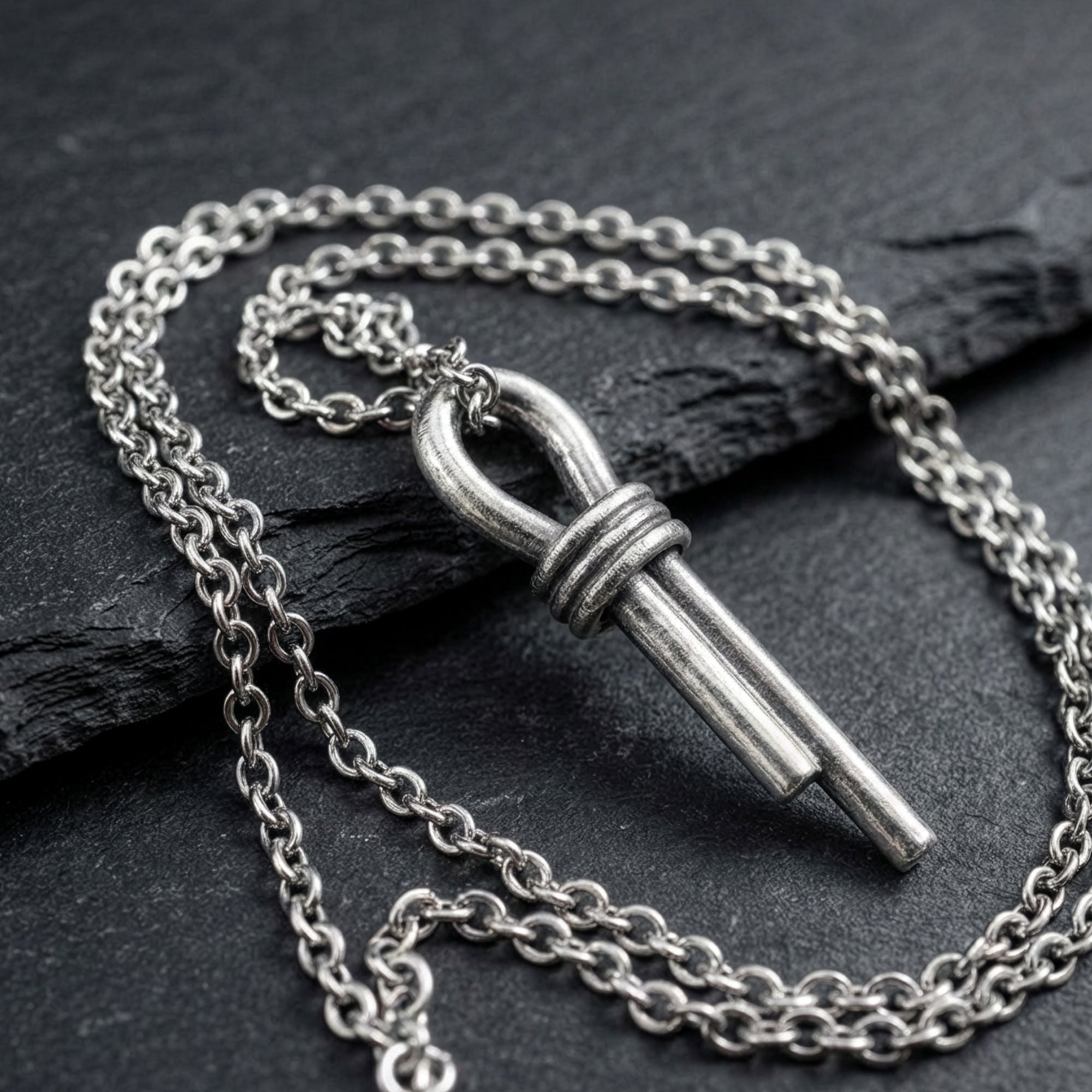 Sterling silver nautical scaffold knot men's necklace on black slate.