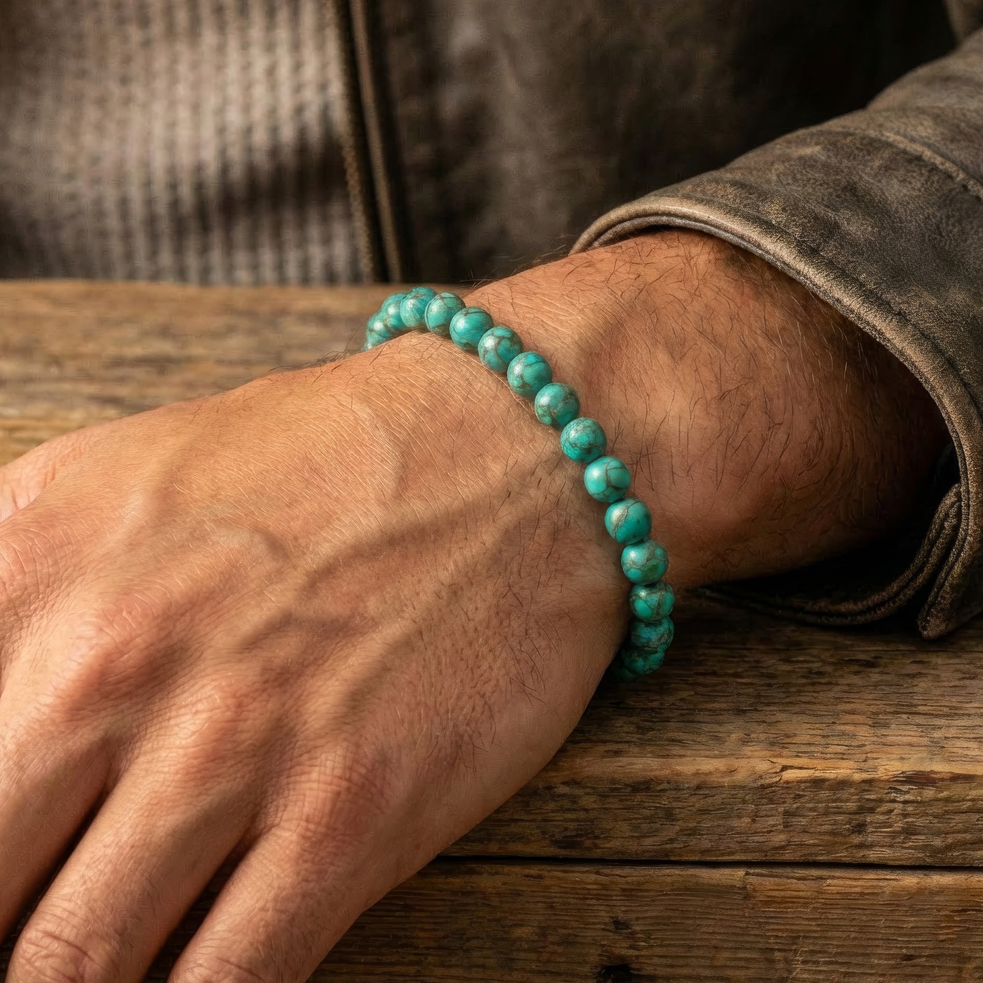 Man wearing Anchor & Crew Nachi sterling silver blue turquoise stone bracelet.