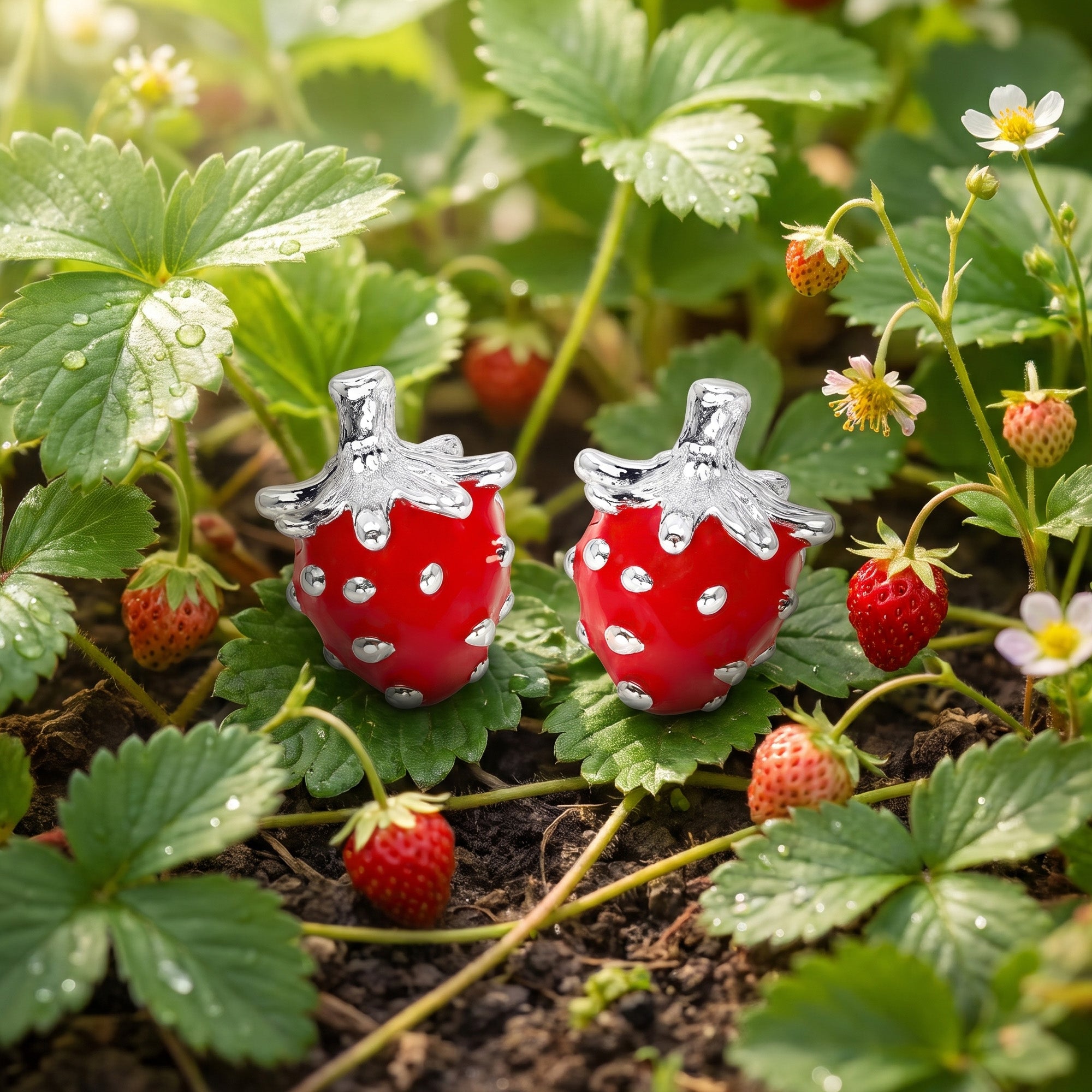 Strawberry enamel children’s sterling silver earrings laying in a strawberry patch.