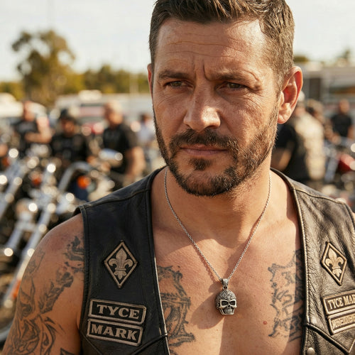 Biker man wearing a sugar skull sterling silver men's necklace.