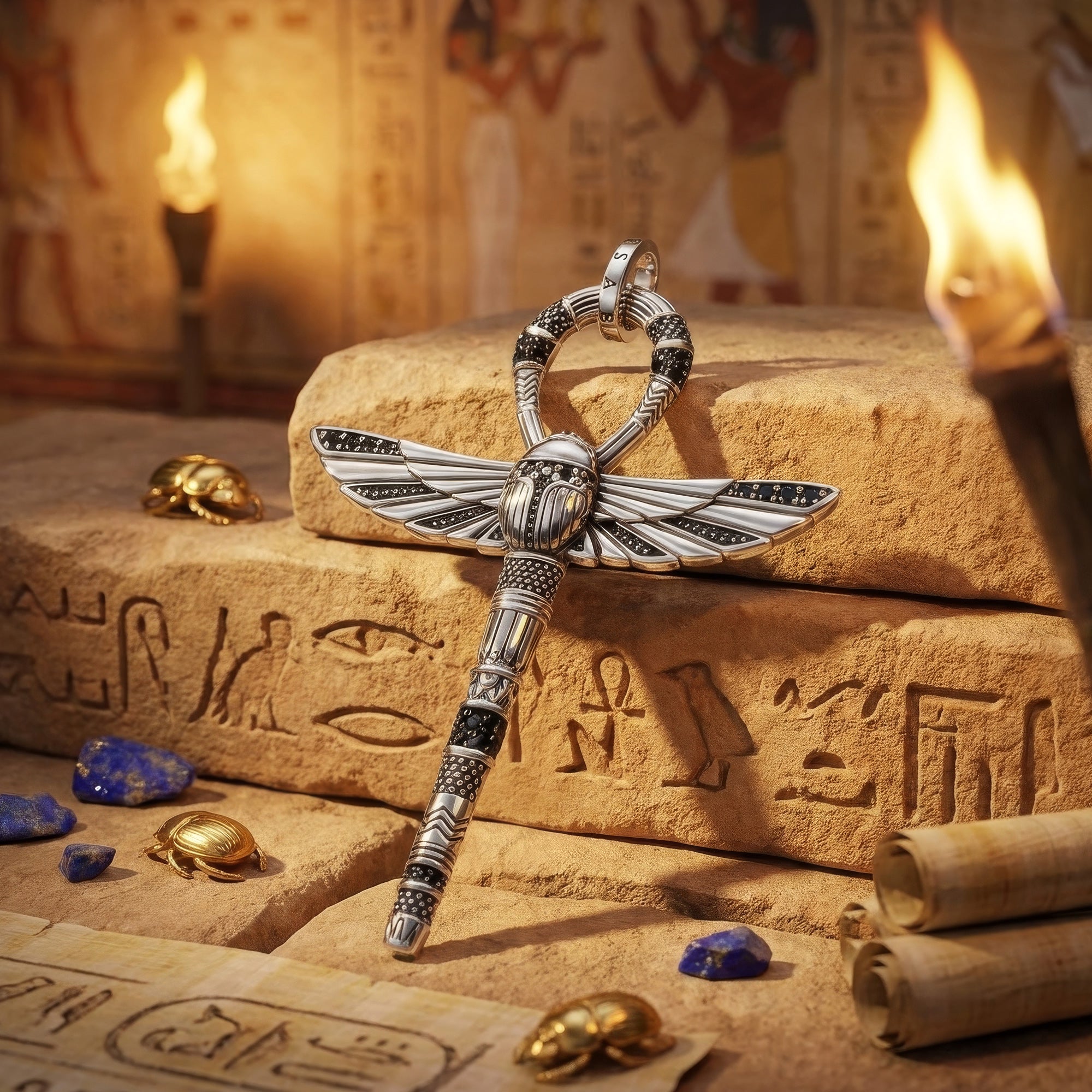 Thomas Sabo cross of life ankh scarab pendant laying on an altar in an Egyptian tomb. 