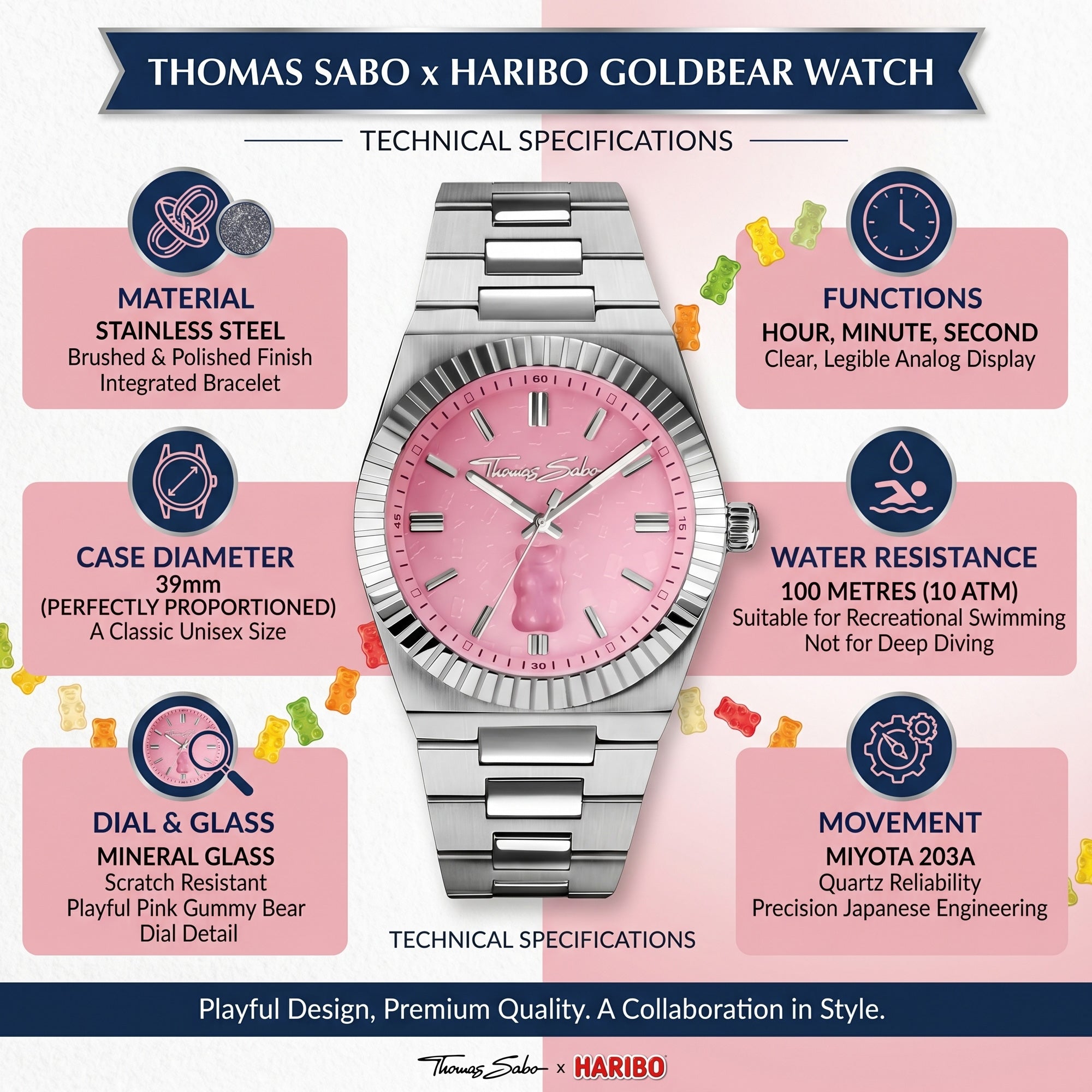 Thomas Sabo Haribo Goldbear Watch infographic featuring specifications including measurements and design specifications.
