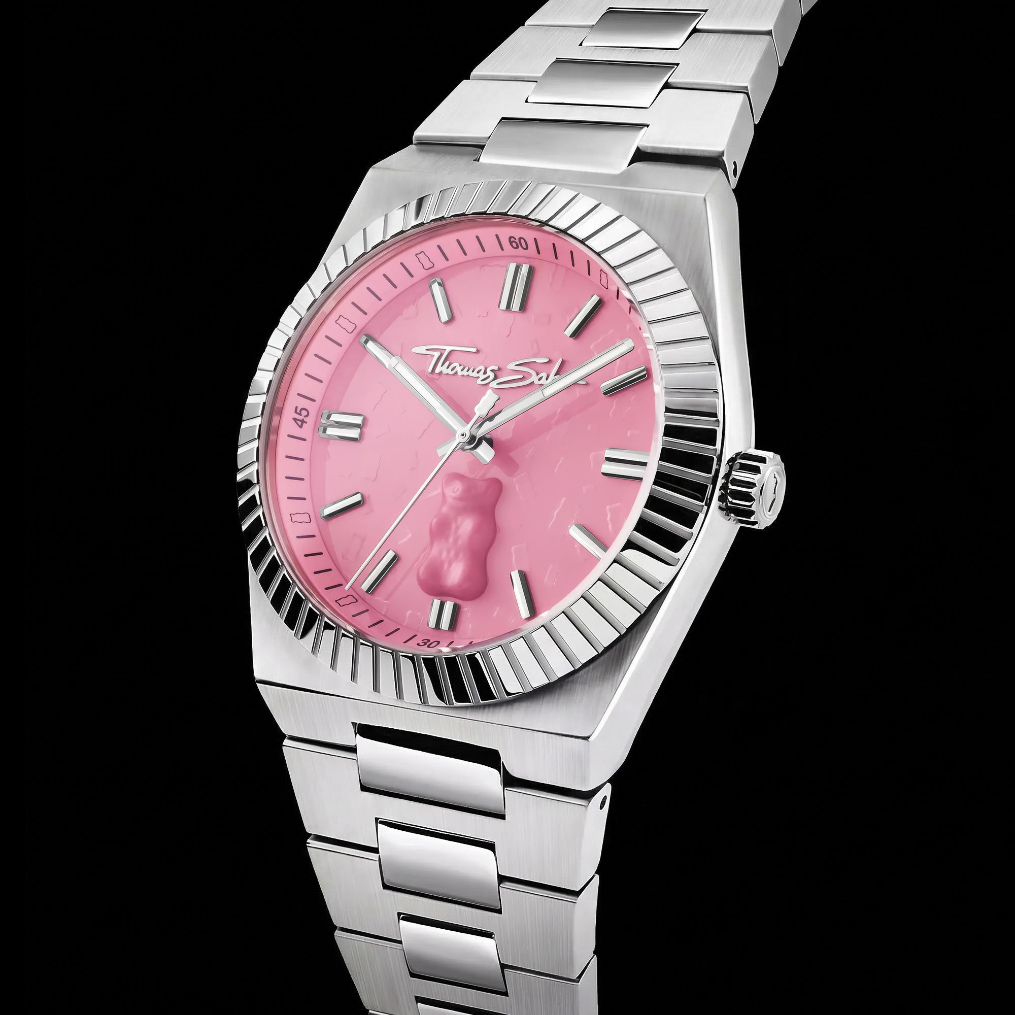 Side tilt view of  Thomas Sabo Haribo Goldbear pink dial silver watch.