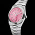 Side tilt view of  Thomas Sabo Haribo Goldbear pink dial silver watch.