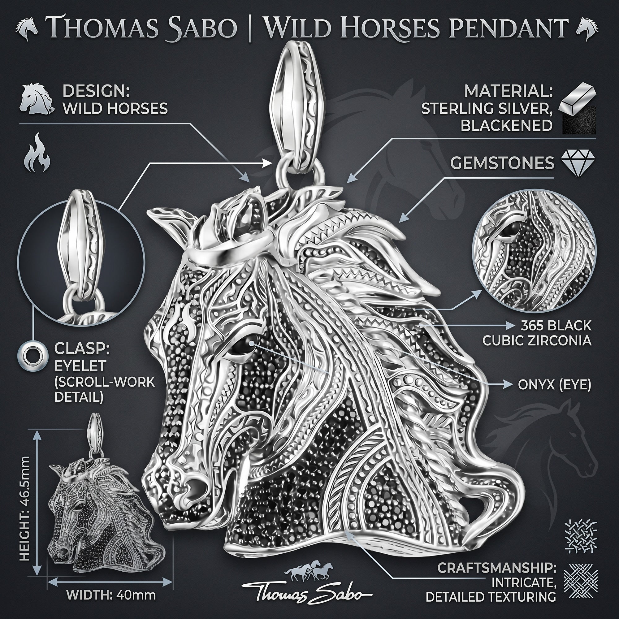 Thomas Sabo Wild Horses large horse head pendant infographic featuring specifications including measurements and design details.
