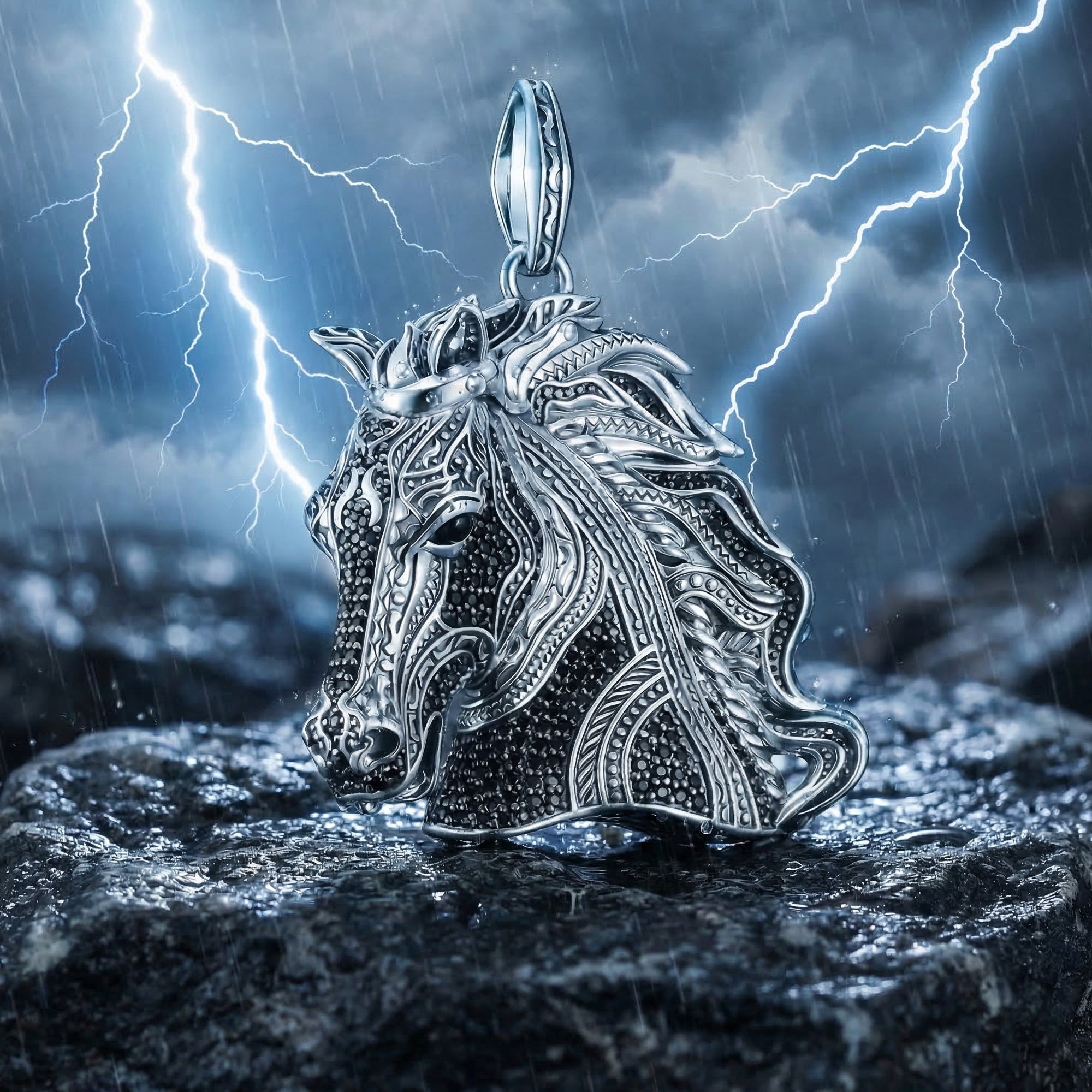Thomas Sabo Wild Horses large horse head pendant sitting on a grey rock during in a lightning storm.