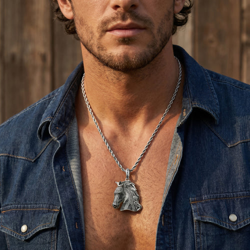 Man wearing Thomas Sabo Wild Horses large horse head pendant.