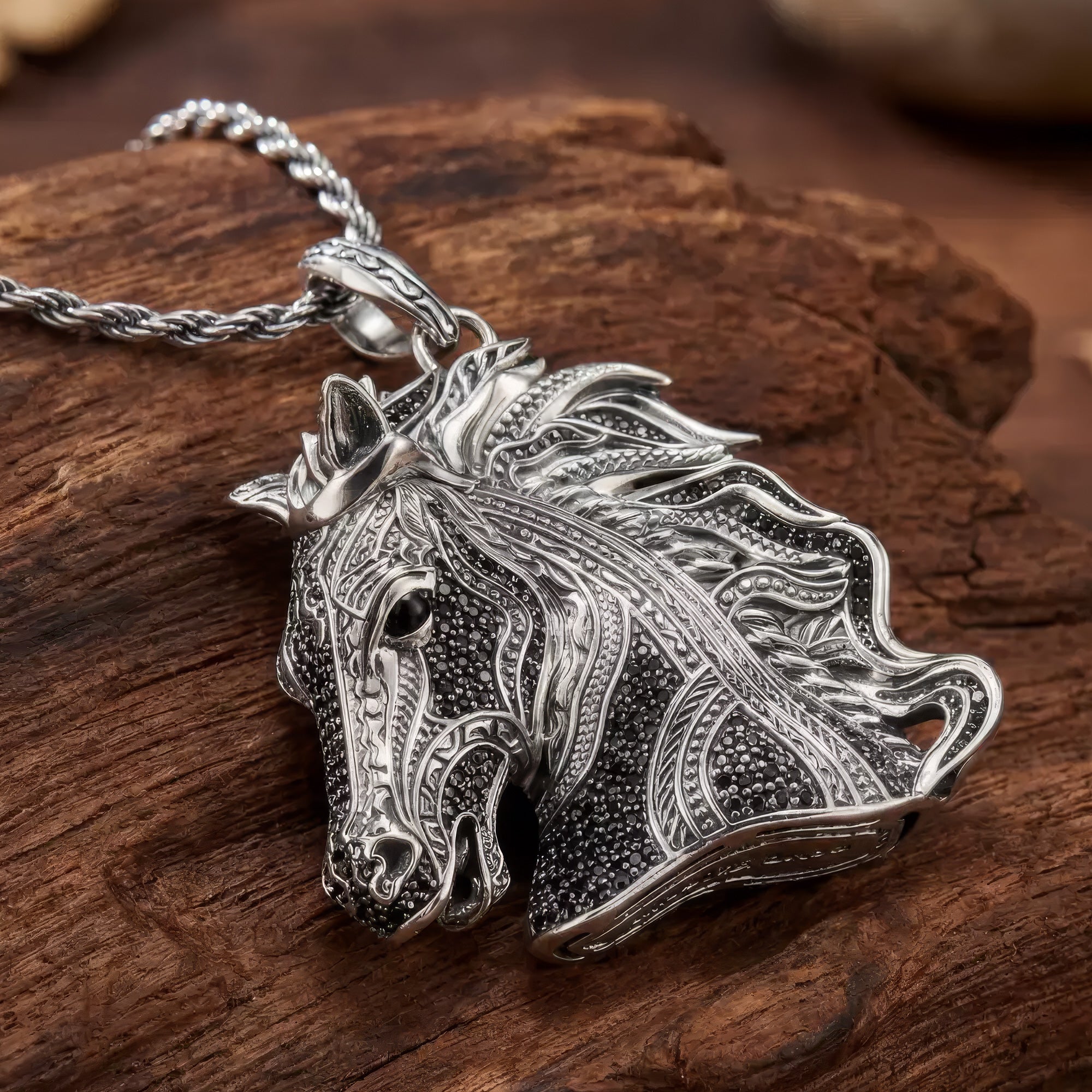 Thomas Sabo Wild Horses large horse head pendant laying on a piece of desiccated wood.