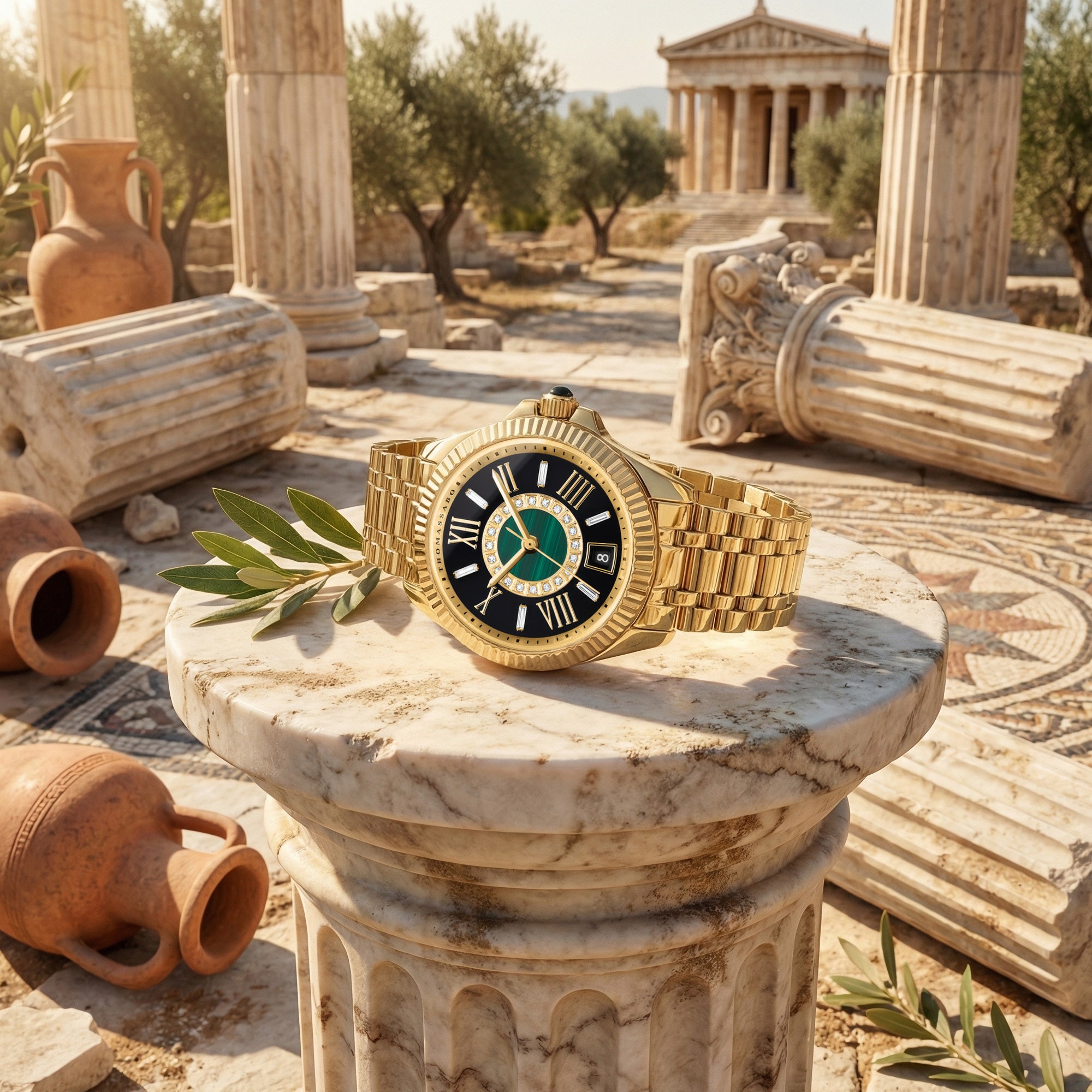 Thomas Sabo Mystic Island gold malachite watch sitting on top of a corinthian column in an classical antiquity setting.