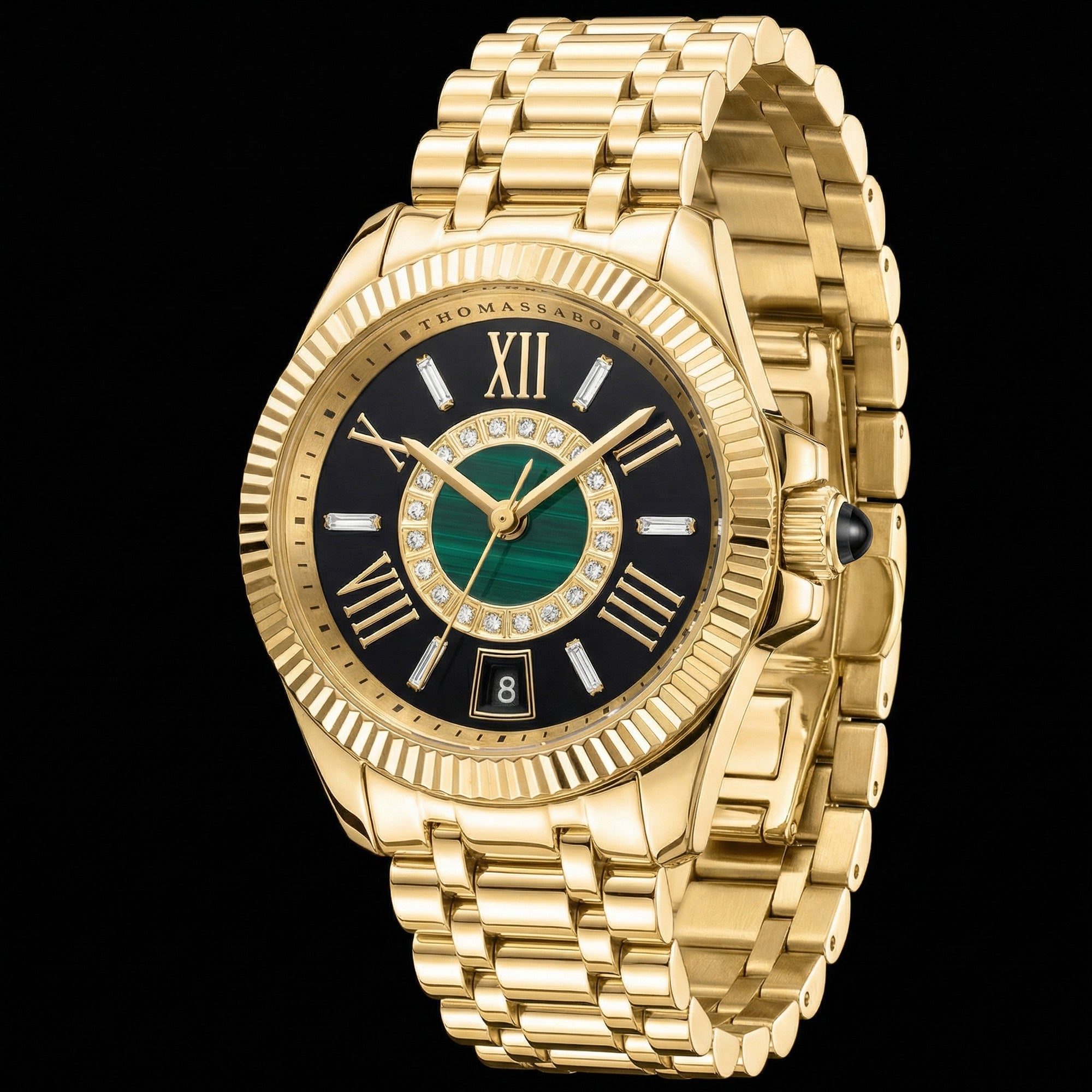 Thomas Sabo Mystic Island gold malachite watch titled to the left.