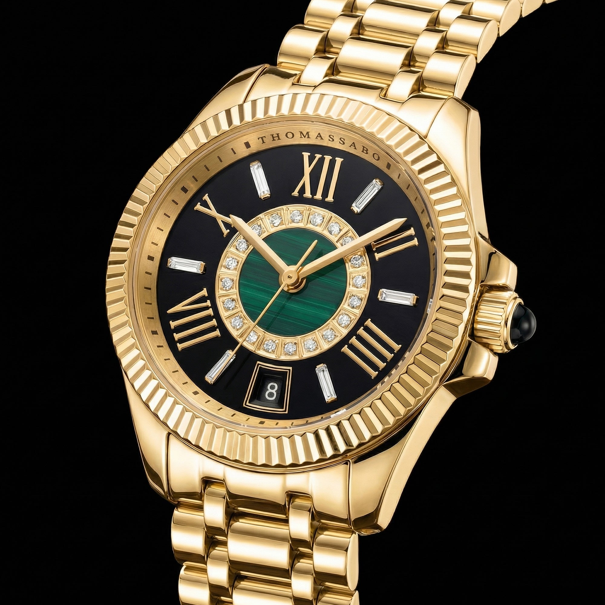 Close-up side tilt view of Thomas Sabo Mystic Island gold malachite watch.