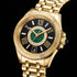Close-up side tilt view of Thomas Sabo Mystic Island gold malachite watch.