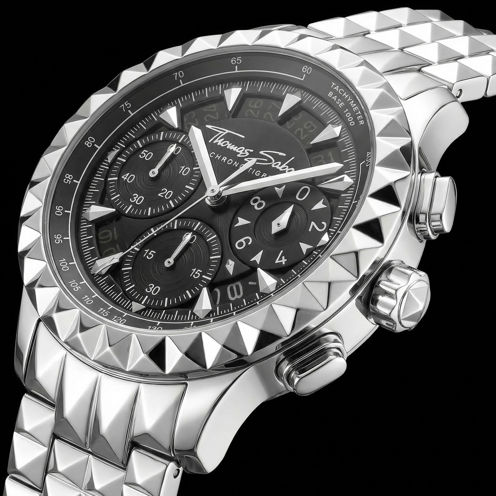 Close-up of Thomas Sabo Rebel At Heart silver pyramid men's watch.