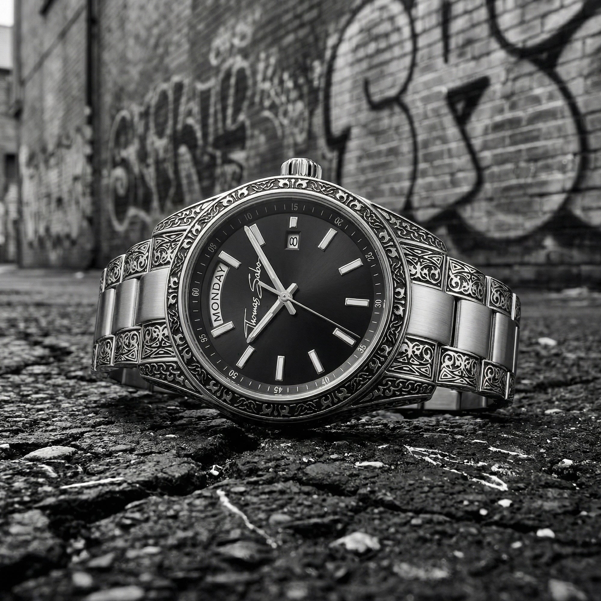 Thomas Sabo Rebel At Heart Revive 36mm black dial watch laying on the cracked asphalt of an empty urban alleyway with graffiti in the background.