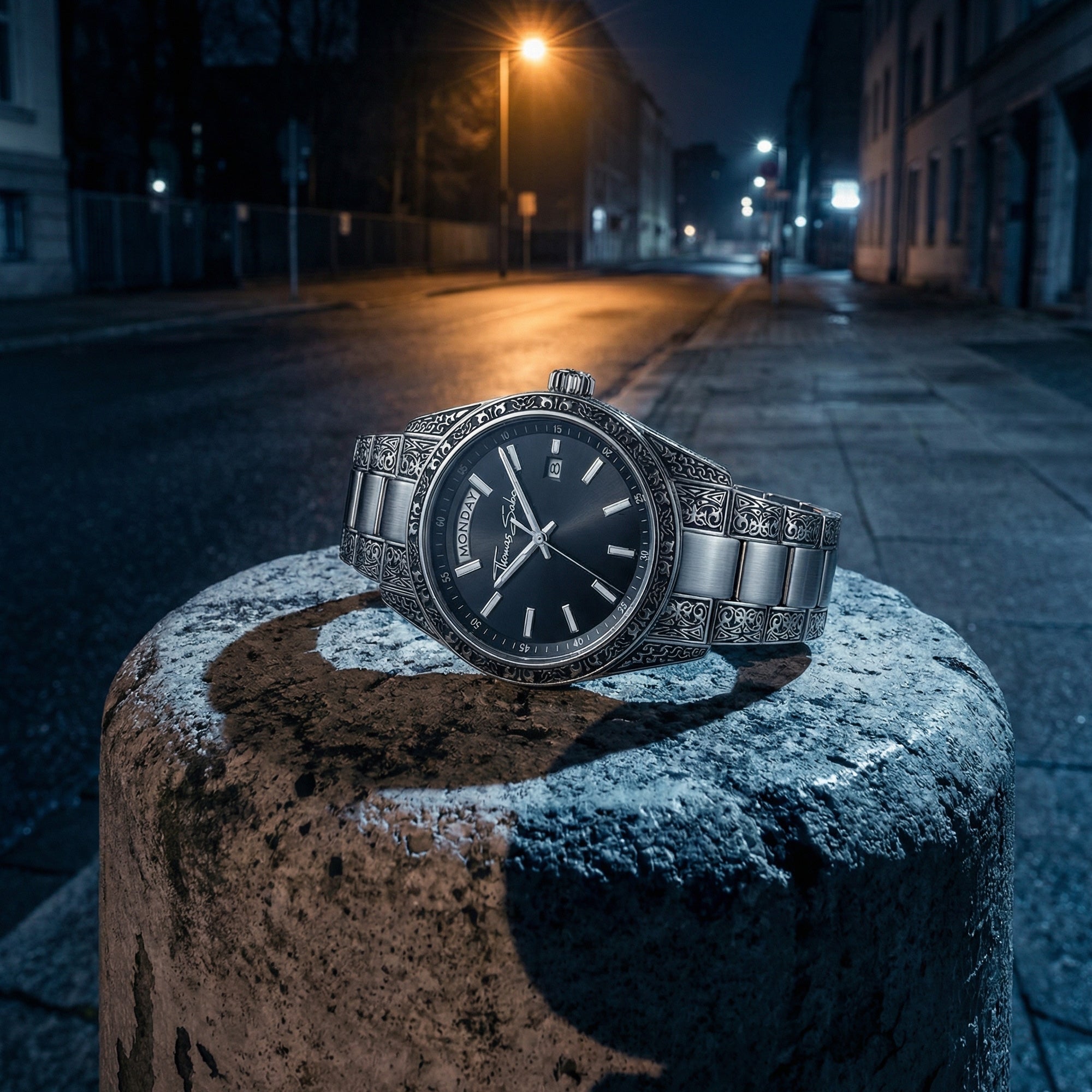 Thomas Sabo Rebel At Heart Revive 36mm black dial watch laying on the top of a concrete bollard in an empty city street at night.